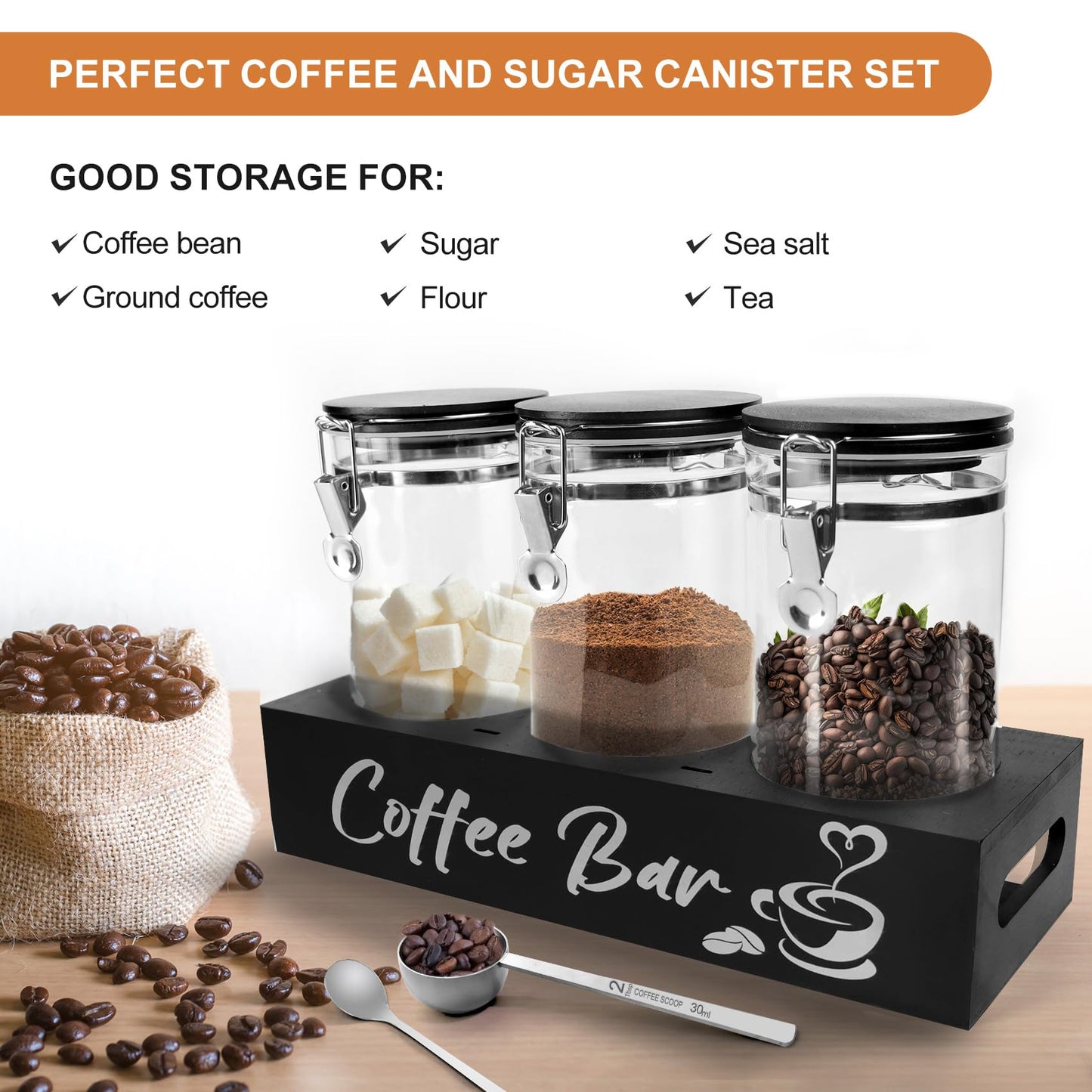 MACIFECI Glass Coffee Containers with Shelf Coffee Station Organizer 54oz Black Glass Coffees Bean Storage Canister with Spoon Coffee Canister Set Kitchen Food Storage Jars for Coffee/Sugar/Candy