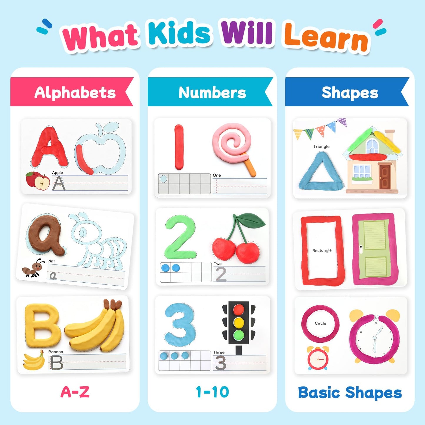 Crelloci Alphabet & Number Color Dough Mats for Kids 3+ – Double-Sided ABC Cards with Shapes, Write & Wipe Learning Set, Reusable Educational Preschool Toy with Marker