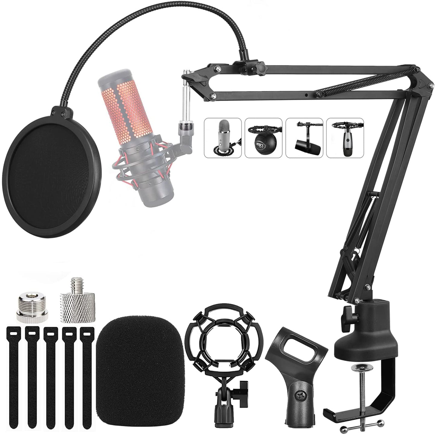 Luling Arts Boom Arm Suspension Mic Heavy Duty Microphone Arm for Blue Yeti, Hyperx Quadcast, Adjustable Boom Mic Stand Desk with Pop Filter, 1/4“-3/8“-5/8“ Adapter, Mic Mounts,Broadcast