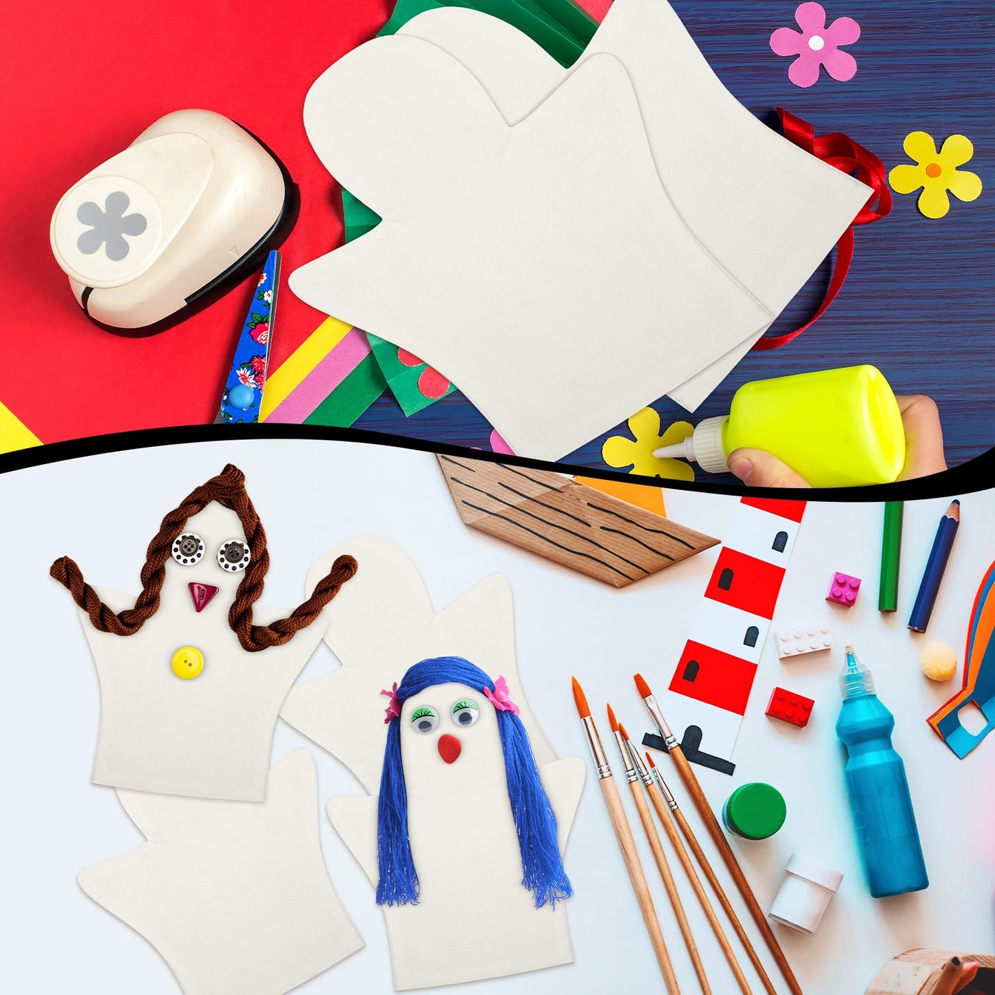 Soulchen 24 Pcs DIY Cotton Hand Puppet Kit 8 x 9.8 Inch Making Your Own Puppets Blank Fabric for DIY Crafting Storytelling Family Activities Art Party Supplies Creative Play Holiday Subject Gifts