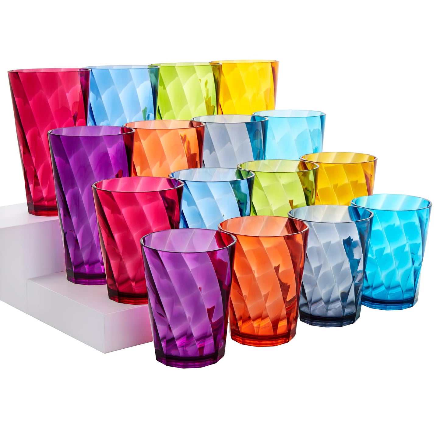 US Acrylic Optix Plastic Reusable Drinking Glasses (Set of 16) 14oz Rocks & 20oz Water Cups in Jewel Tone Colors | BPA-Free Tumblers, Made in USA | Top-Rack Dishwasher Safe