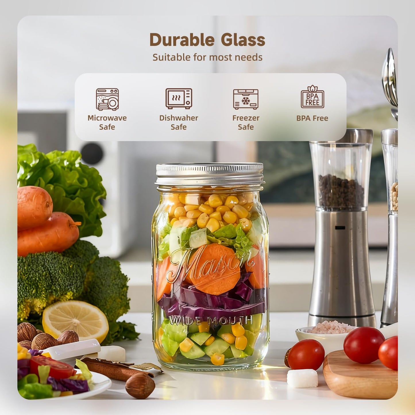 Dralaw Mason Jars 32 oz,12 Pack Large Wide Mouth Mason Jar with Airtight Lids and Bands|Quart Glass Canning Jars for Pickling, Fermenting and Food Storage Microwave&Dishwasher Safe (12pack)