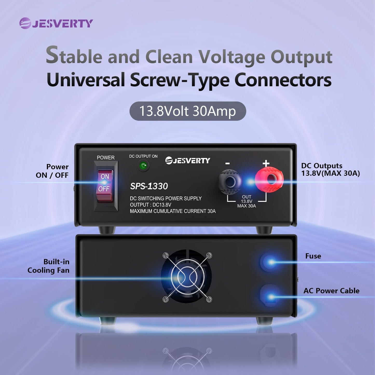 Jesverty Universal Compact Bench Power Supply - 30 Amp Regulated Home Lab Benchtop AC-to-DC Converter for CB/HAM/Amateur Radio with 13.8V Fixed OutputScrew-Type Terminals, Cooling Fan - SPS-1330