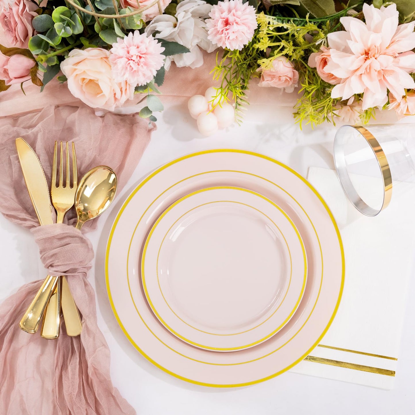 GATHER 350PCS Pink Plastic Plates - Disposable Plastic Dinnerware Set Include 100 Pink Plates, 150 Silverware, 50 Napkins, 50 Cups for Party & Wedding & Baby Shower