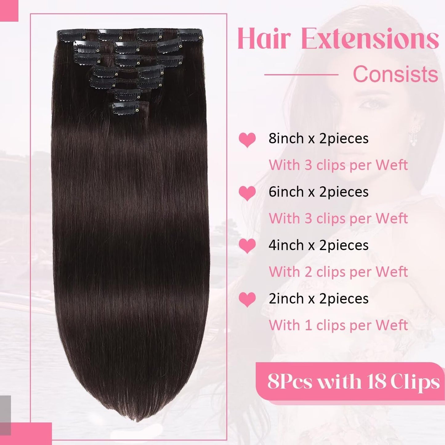 Tebelove Clip in Hair Extensions Real Human Hair 3.6oz/100g Clip ins 100% Brazilian Remy Human Hair Extension for Women 8pcs Per Set with 18 Clips Double Weft (16 Inch #2 Dark Brown)