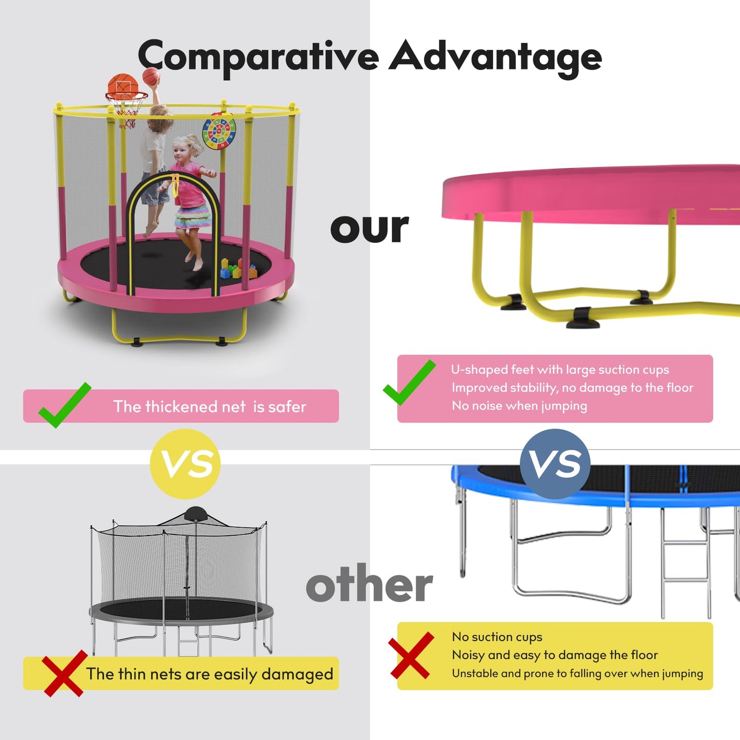 72" Trampoline for Kids with Net,6 FT Indoor & Outdoor Small Toddler Trampoline with Basketball Hoop & Dart Board for Ages 1-8, Birthday Gifts for Boys & Girls, Baby Toddler Christmas Toys Pink