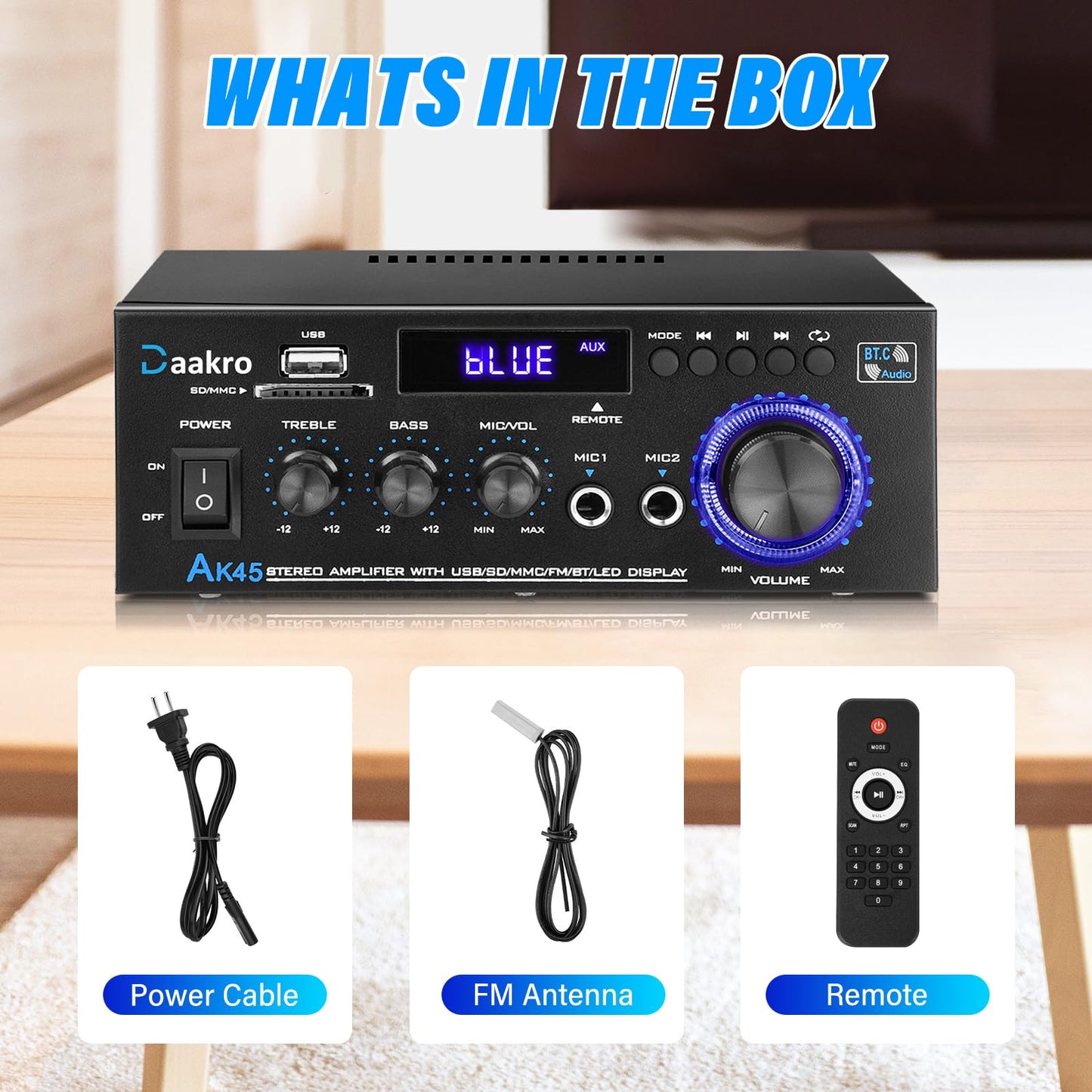 Daakro AK45 Stereo Audio Amplifier,Rated Power 40W Home 2 Channel Wireless Bluetooth 5.0 Power Amplifier System, Home Amplifiers FM Radio, USB, SD Card, w/Remote Control Home Theater Audio System