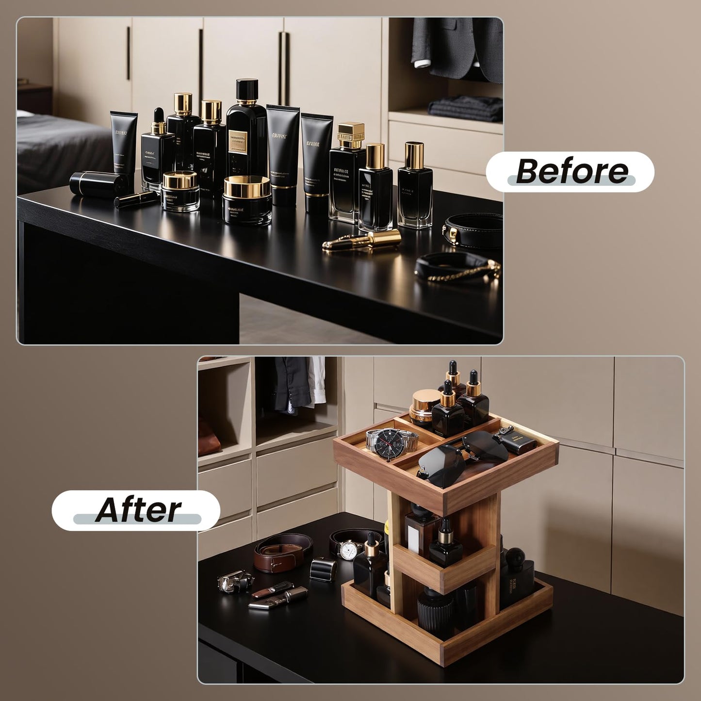 EXIN DECHEN Cologne Organizer for Men,Cologne Stand,3 Tier Wooden Perfume Shelf with Rotate,Desk Organizer,Gift for Dad From Wife,Husband Boyfriend Birthday Gift Ideas,Fathers Day Gift for Men