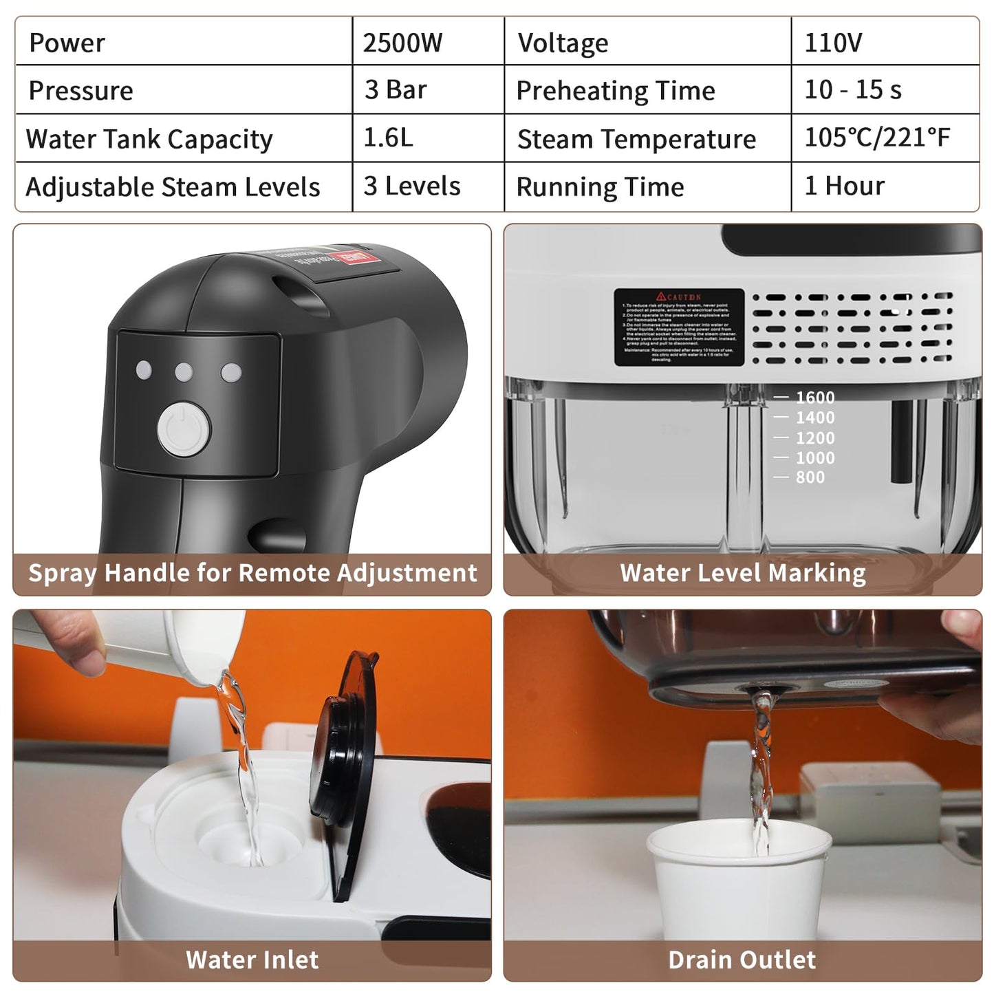 Handheld Steam Cleaner for Home, 2500W High Temperature Pressurized Machine, 1.6L Water Tank, Handle-controlled Steam Output, Portable Cleaning Steamer for Car, Bed Bugs, Furniture, Grout (White)