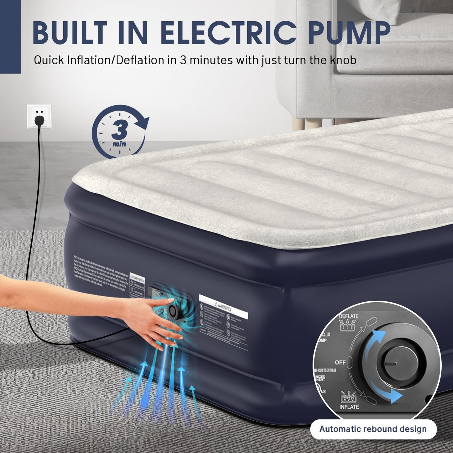 Twin Air Mattress with Built-in Pump,18''Raised Blow Up Mattress 2 Mins Self Inflation/Deflation,Upgraded Thicker Inflatable Mattress，Flocked Top Air Bed with Storage Bag for Guests,Home，Camping