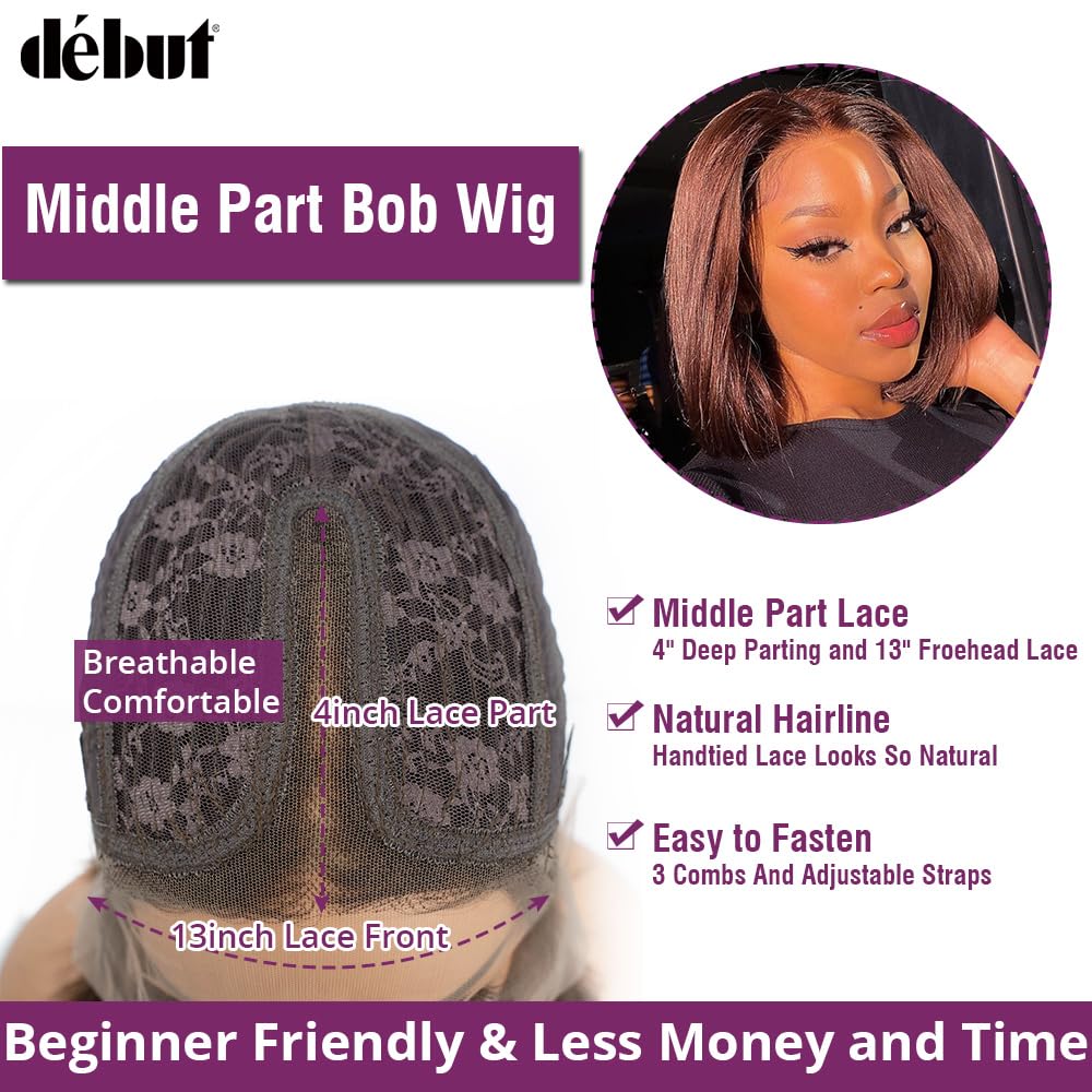 DÉBUT Medium Brown T Part Short Bob Wigs Lace Front Human Hair Wigs for Black Women Brazilian Virgin Straight Hair Middle Part 13x4x1 Wigs Chocolate Brown 10 Inches