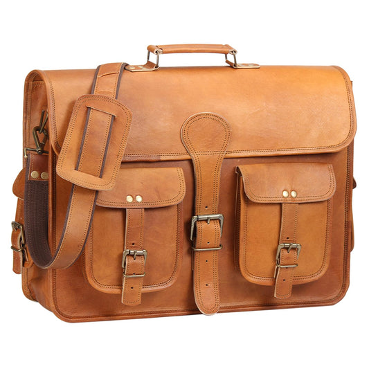 18 Inches Leather Laptop Bag for Men - Genuine Leather Briefcase, Vintage Look Messenger Bag (Tan)