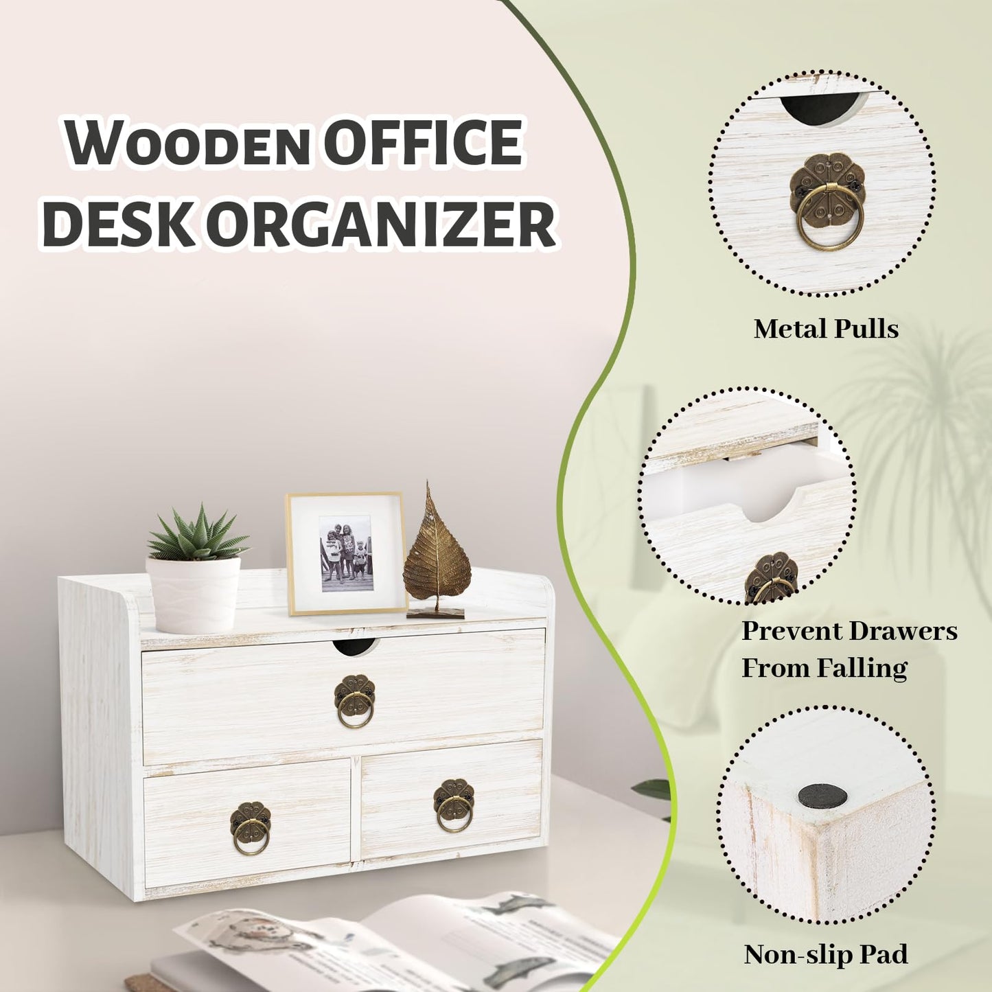 SeekElegant Wood Desk Organizer with Drawer, White Wooden Desktop Organizer, Tabletop Storage Organization Box for Countertop, Home Office Supplies, 13.5x6.6x8.2 Inch(3 Drawer and Shelf)