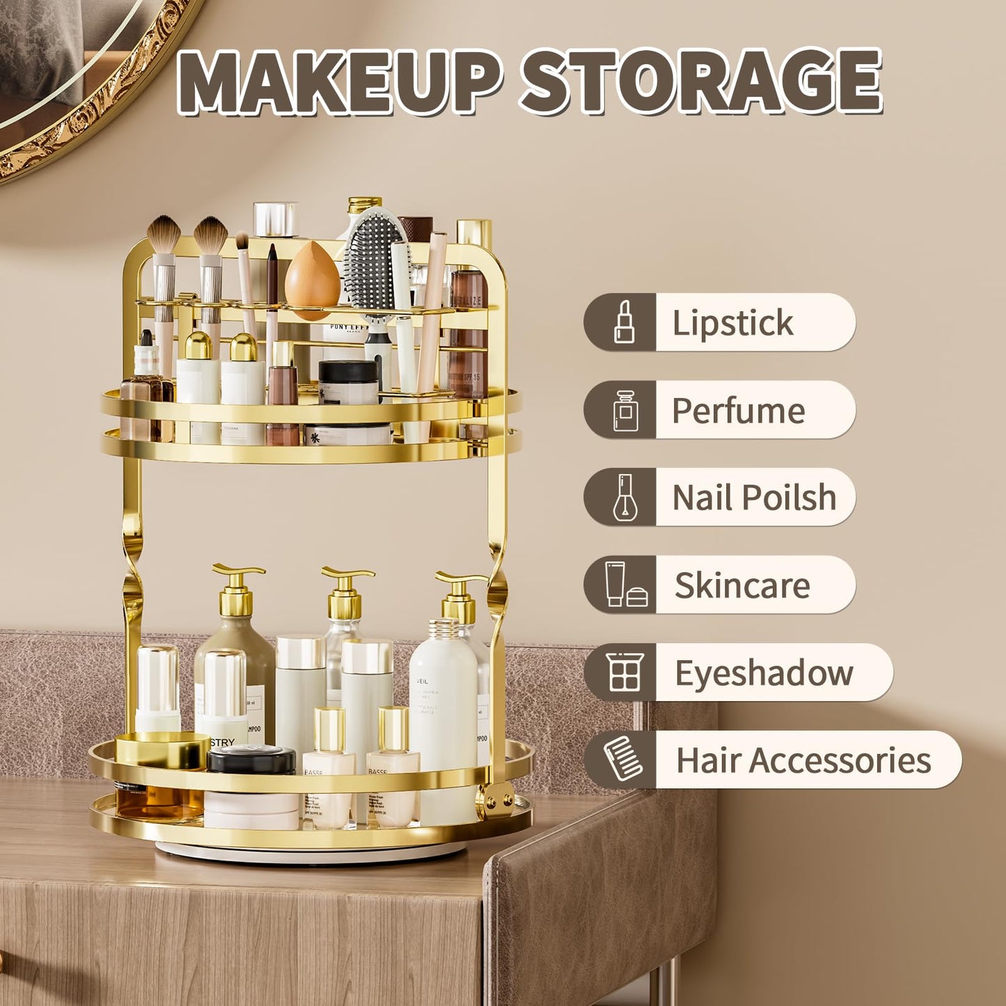 360° Rotating Makeup Organizer, 2-Tier Gold Perfume Organizer for Dresser, Bathroom Organizers Countertop, Perfume Shelf with Makeup Brush Holder, Skincare Holder Cosmetic Display(Gold)