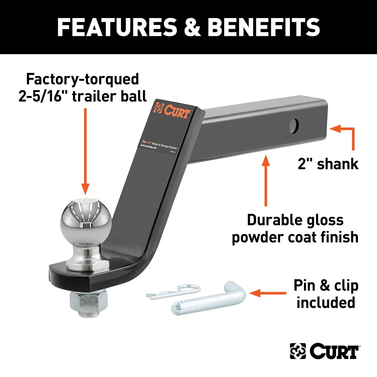 CURT 45065 Lifted Truck Trailer Hitch Mount with 2-5/16-Inch Ball & Pin, Fits 2-Inch Receiver, 7,500 lbs, 6-Inch Drop