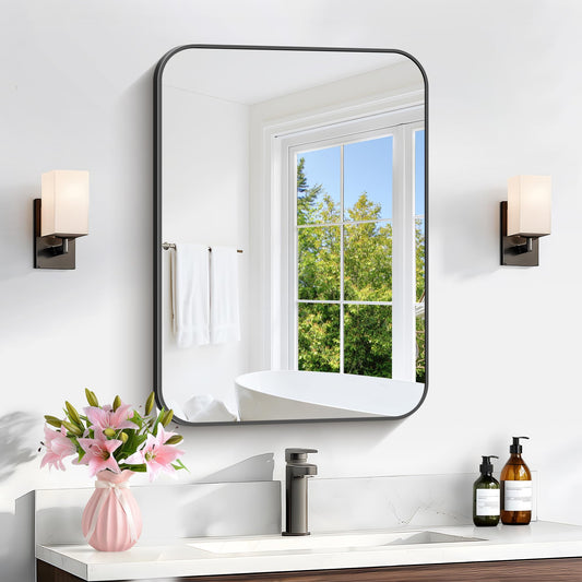 CIVENO Bathroom Mirror, 18 x 24 inch Metal Framed Black Rectangle Mirror, Rounded Corner Rectangular Vanity Mirror, Wall Mounted Mirror for Modern Bedroom Living Room Hangs Horizontal or Vertical