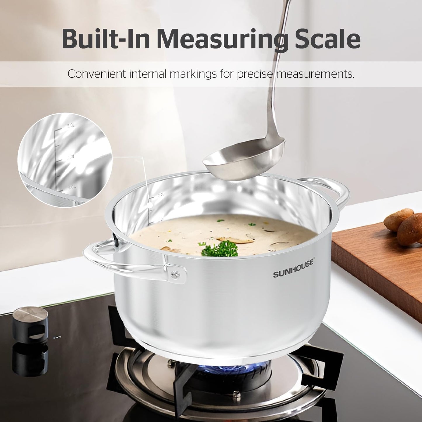 Sunhouse 8 Quart Stock Pot with Lid - 3-Ply Base Stainless Steel Cooking Pot - 8 QT Canning Dutch Oven Stock Pots - Oven Safe & Induction Cookware