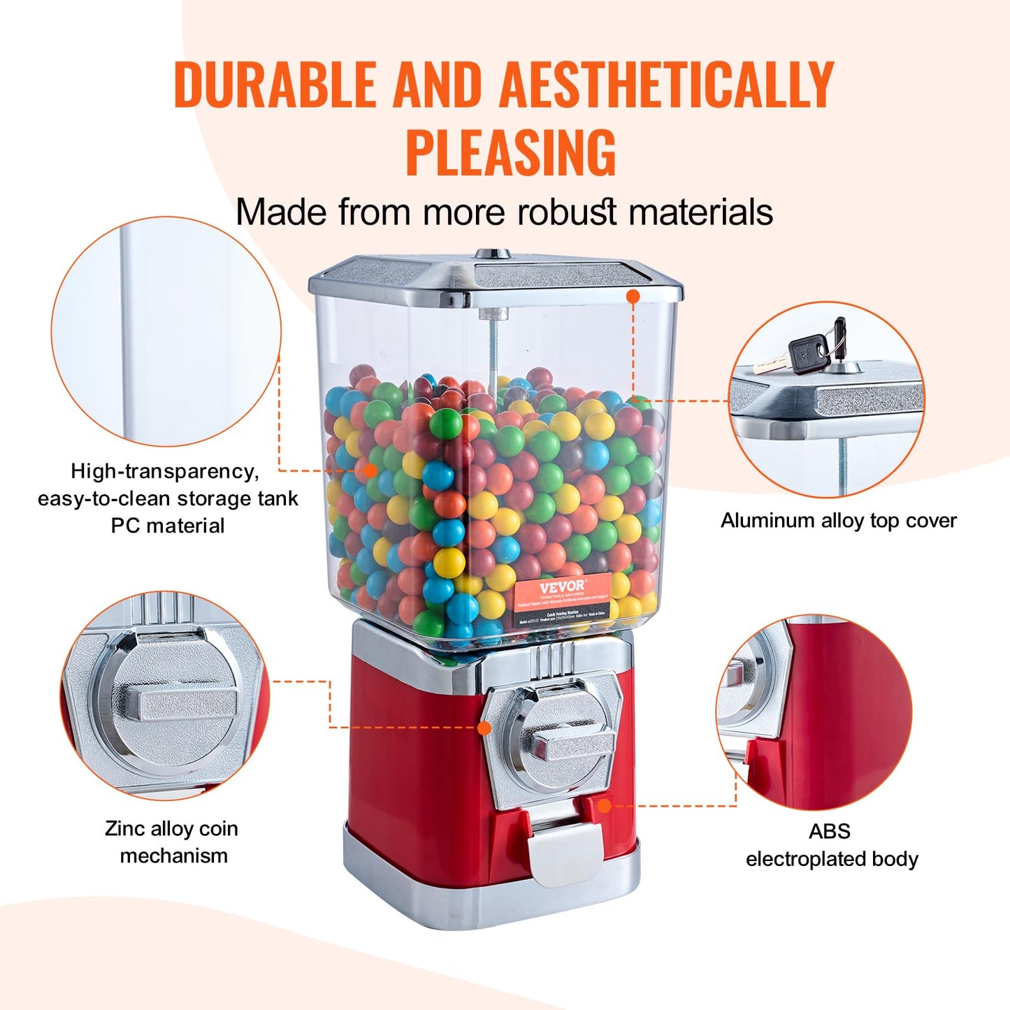 VEVOR Gumball Machine for Kids, 17"H Home Candy Vending Machine, PC Gumball Dispenser, Bubble Gum Machine for Game Stores, Coin Operated Gumball Bank for Toy Capsules Bouncy Balls Candy, Red