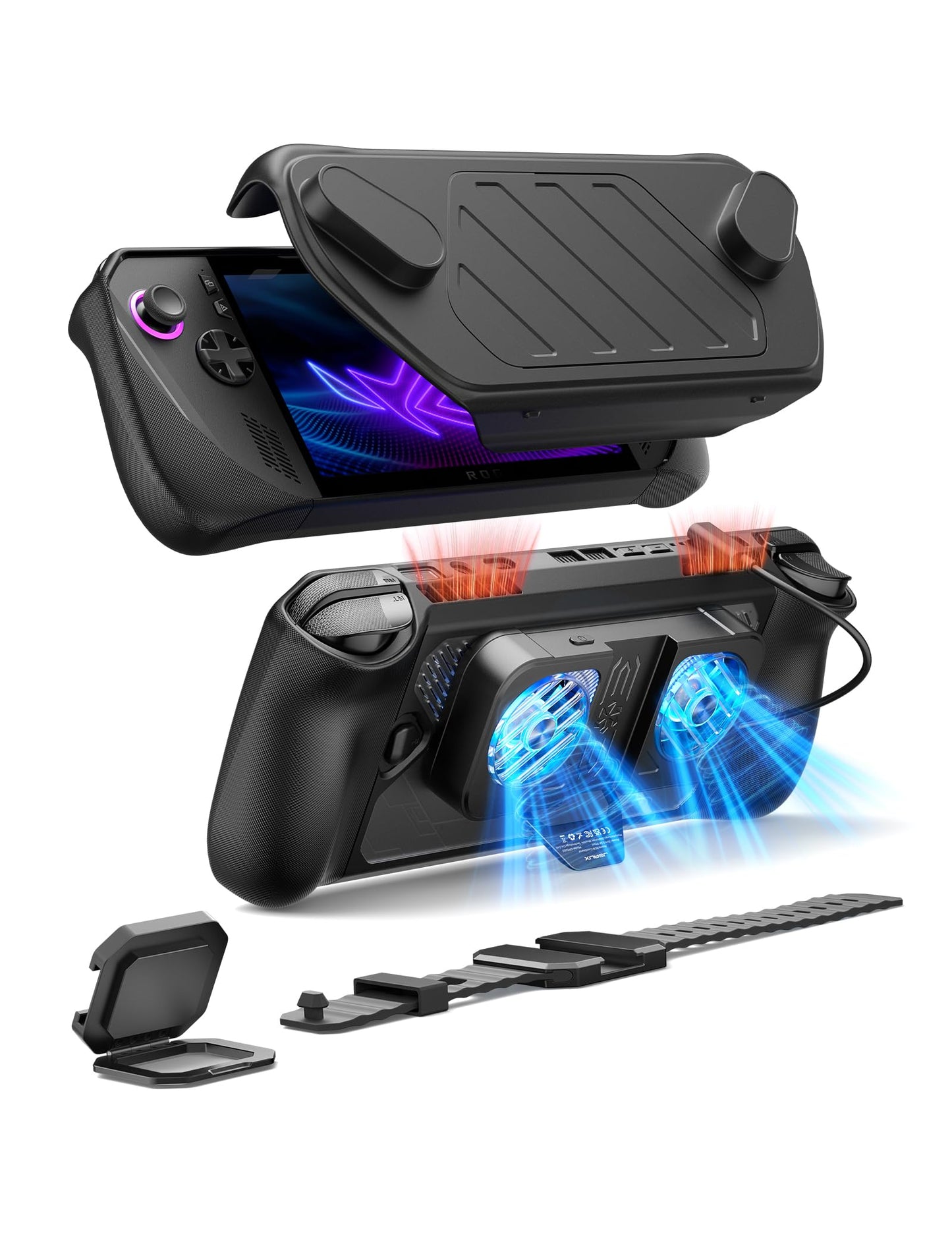 JSAUX PC0111 ModCase Compatible with ASUS ROG Ally X, Modular ROG Ally X Case with Cooling Fan, Included Protective Case, Face Cover, Cooling Fan, Metal Bracket and Strap - Cooler Set