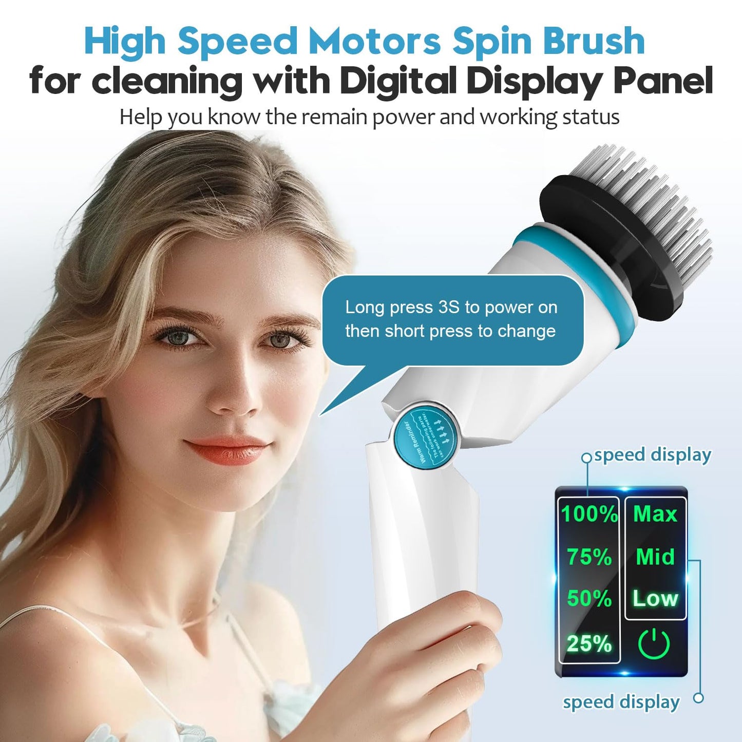 1500RPM Electric Spin Scrubber, 8 Brush Heads Electric Scrubber for Cleaning, Shower Scrubber with Long Handle and Two Battery, High Power Scrubber with Display for Bathroom/Tub/Floor