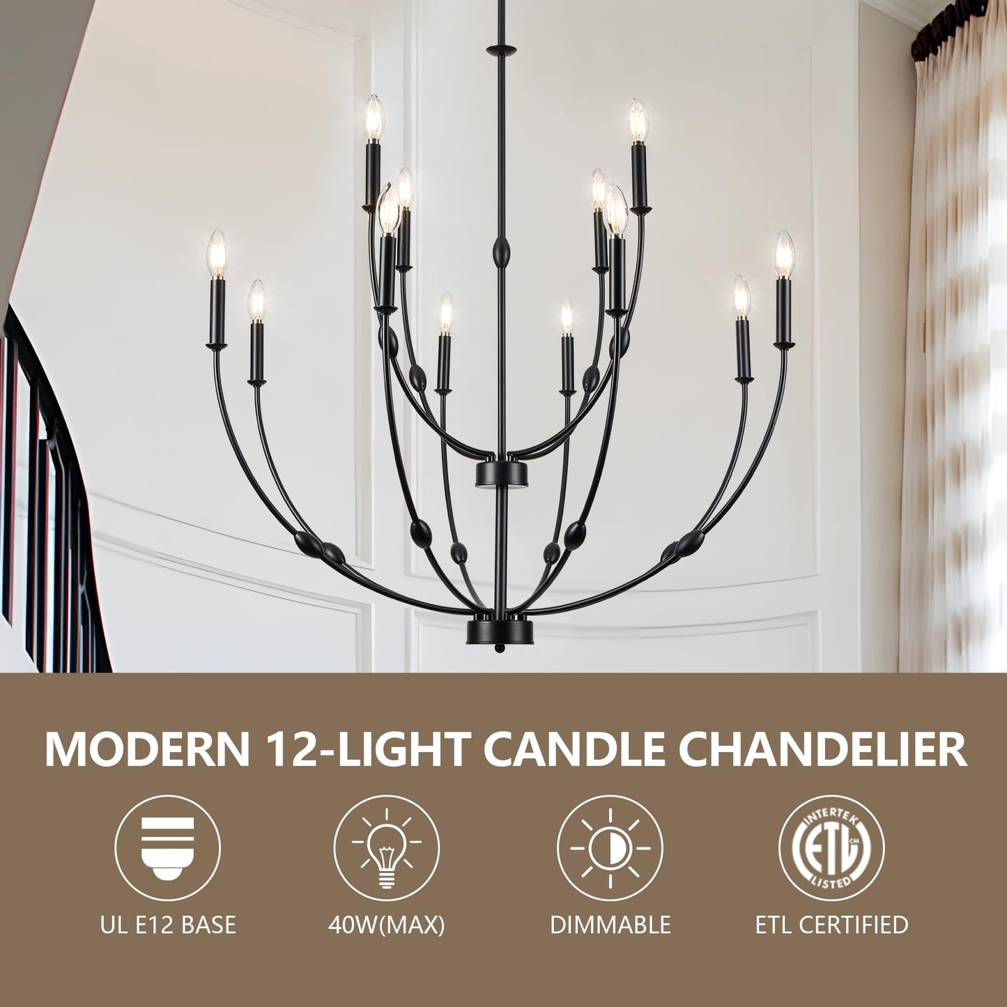 ACANER 12-Lights Black Farmhouse Chandelier for Living Room, 35 Inch 2-Tiers Large Chandeliers for High Ceilings, Modern Rustic Candle Chandelier for Foyer Entryway
