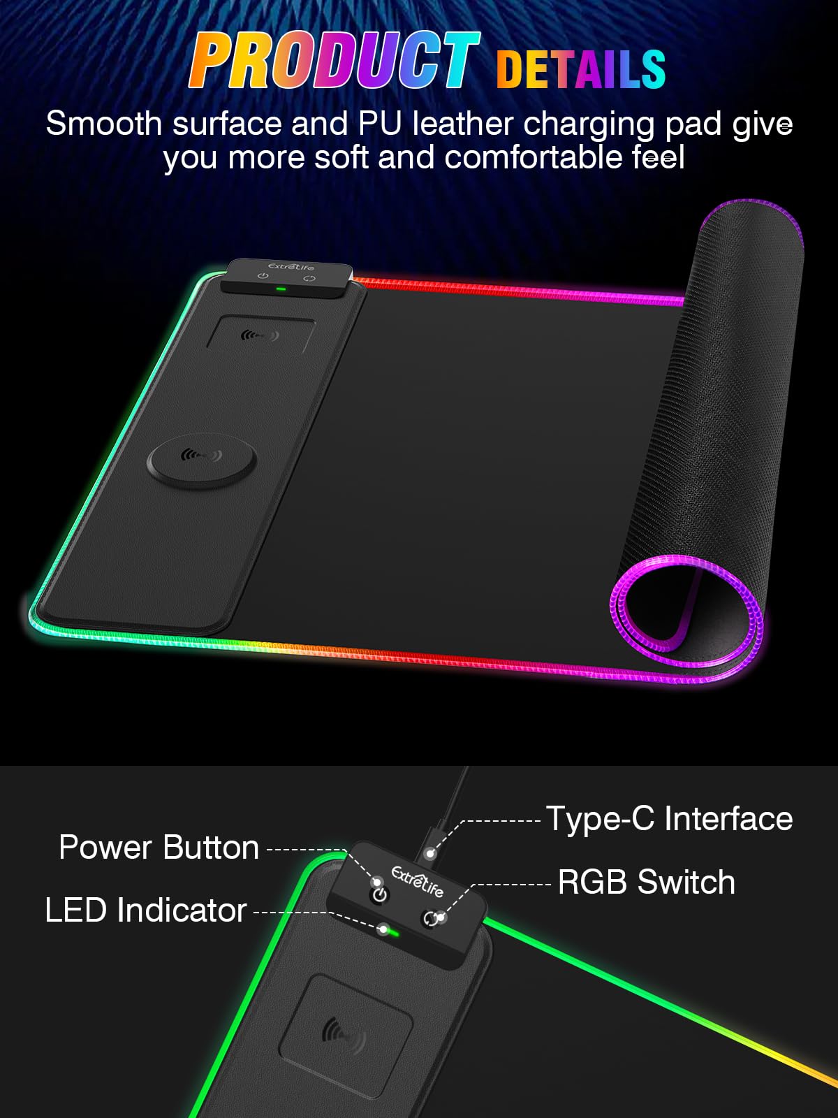 Wireless Charging Mouse Pad 15W, RGB Gaming Mouse Pad with Wireless Charger for iPhone/Airpods, 31.5"x15.7" XXL Large Desk Mat, 13 Light Modes, Magnetic Charging, Waterproof, Desk Pad for Gamer, Black