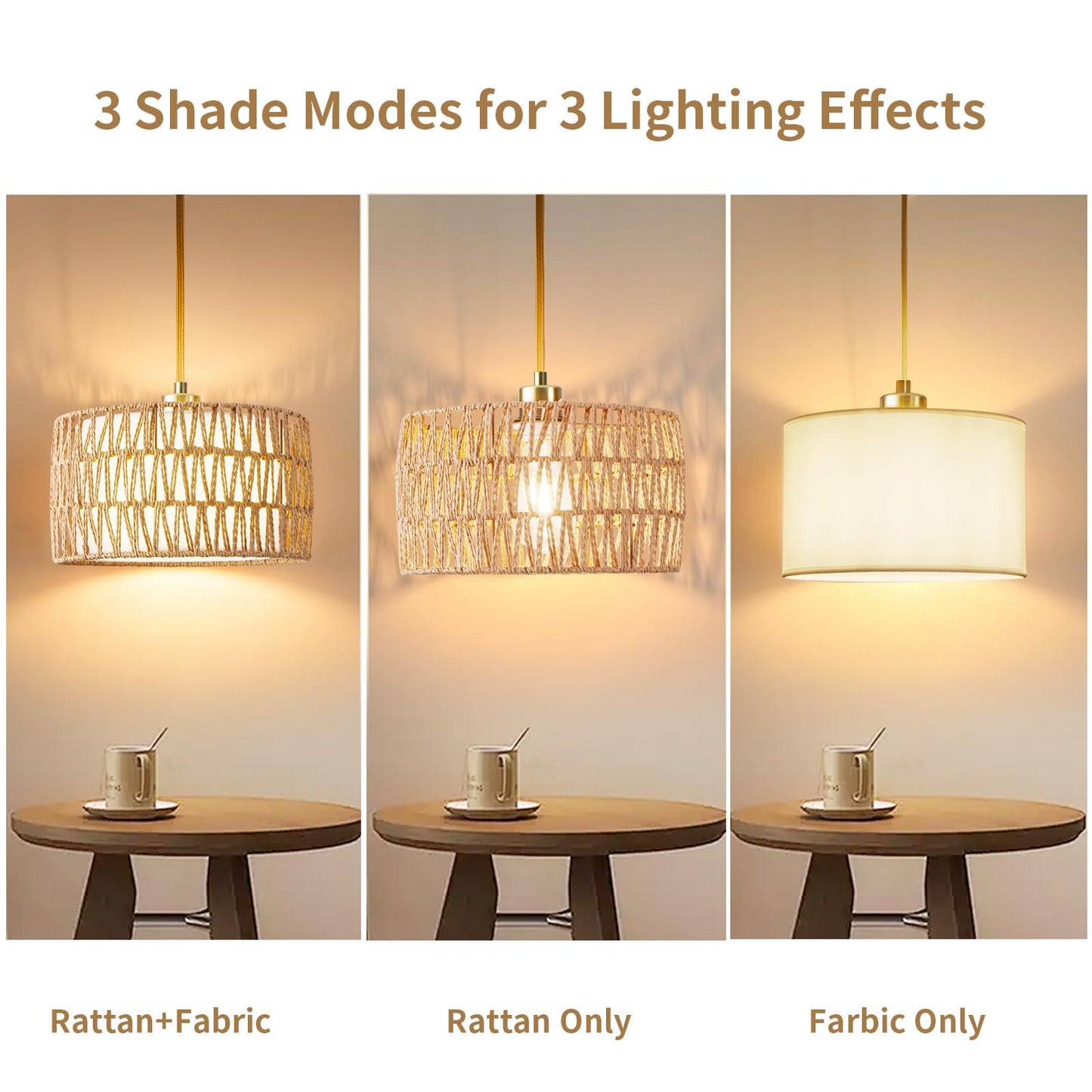 Beser·Win Plug in Pendant Light Rattan Hanging Lights with Plug in Cord, Woven & Fabric 2 in 1 LampShade, Hanging Lamp Plug in for Bedroom Living Room Kitchen Island (Bulb Included)