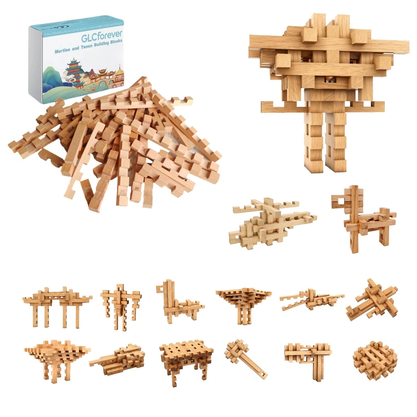 GLCforever 15 in 1 Educational Wooden Building Blocks - Mortise and Tenon Assembled into 15+ Various Shapes, STEM Toys Gift for Kids and Classroom, DIY Building Toys for Ages 5+ Teens Adults - 42 Pcs