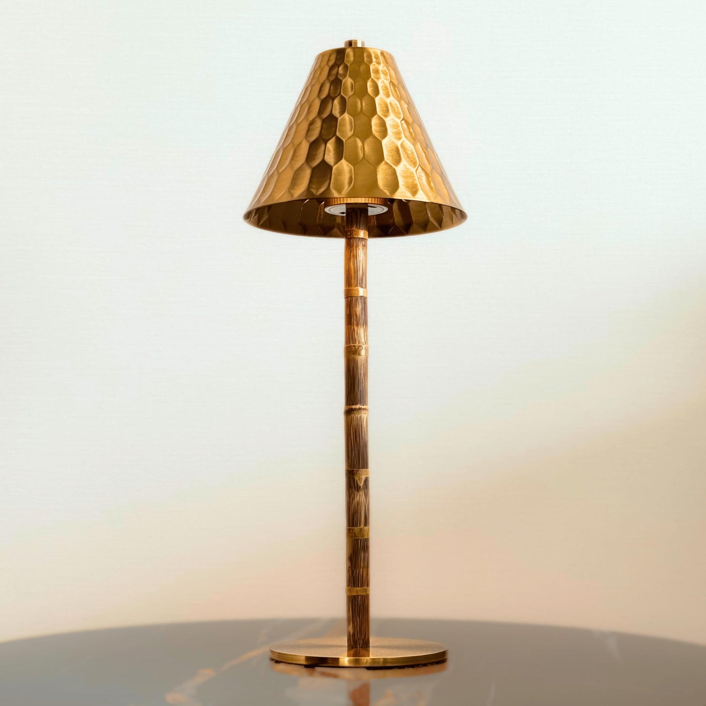 LUXELYKOS Bamboo Cordless LED Table Lamp – Rechargeable 24-Hour Battery, Dimmable Warm Light, 15" Portable Wireless Lamp with Remote for Indoor/Outdoor Use, Home, Patio, Restaurant – Textured Gold