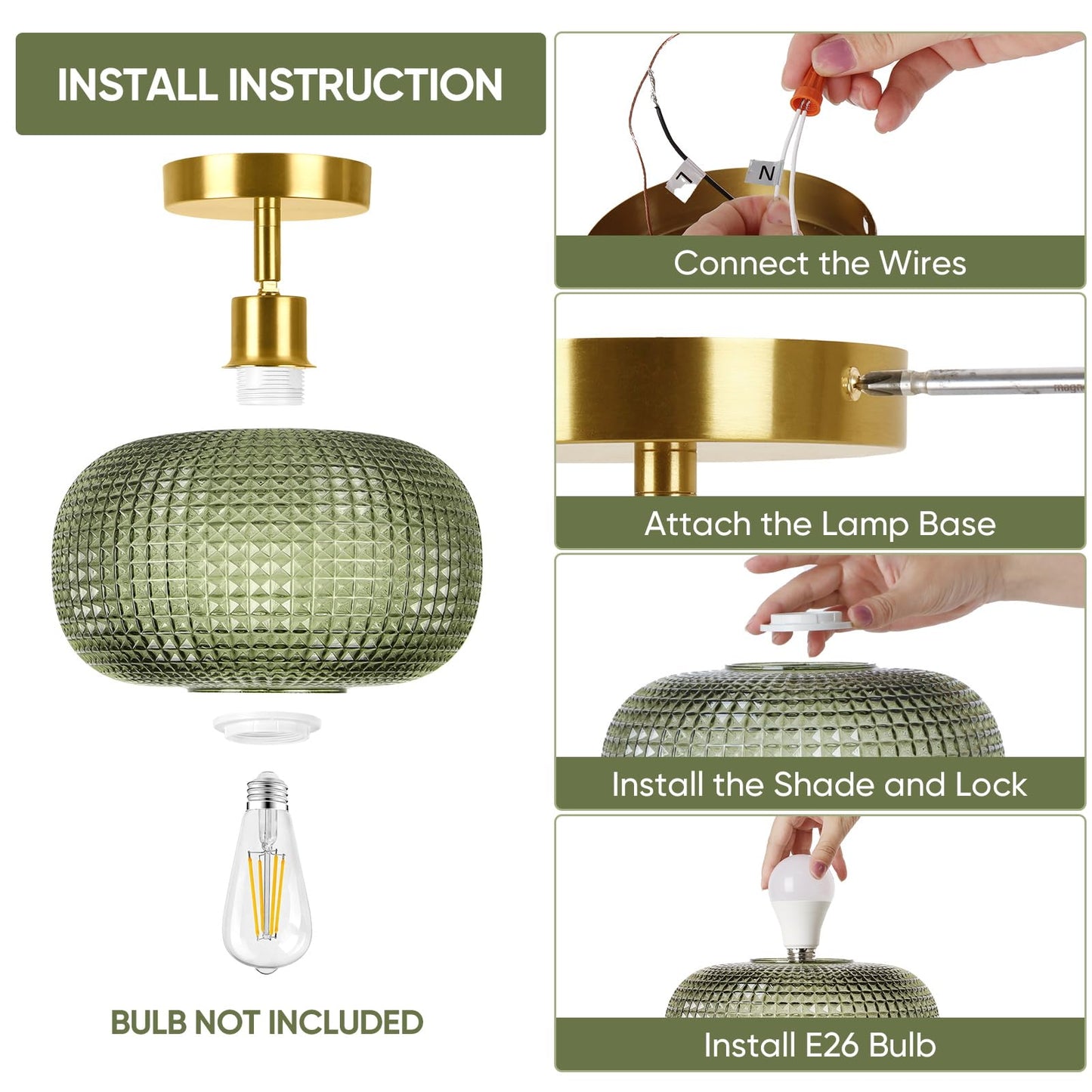 ROTTOGOON Semi Flush Mount Ceiling Light, Adjustable Hanging Gold Sloped Ceiling Lights with Green Glass Shade Vintage Hallway Light Fixtures for Kitchen Bathroom Entryway Bedroom (Bulb Not Included)