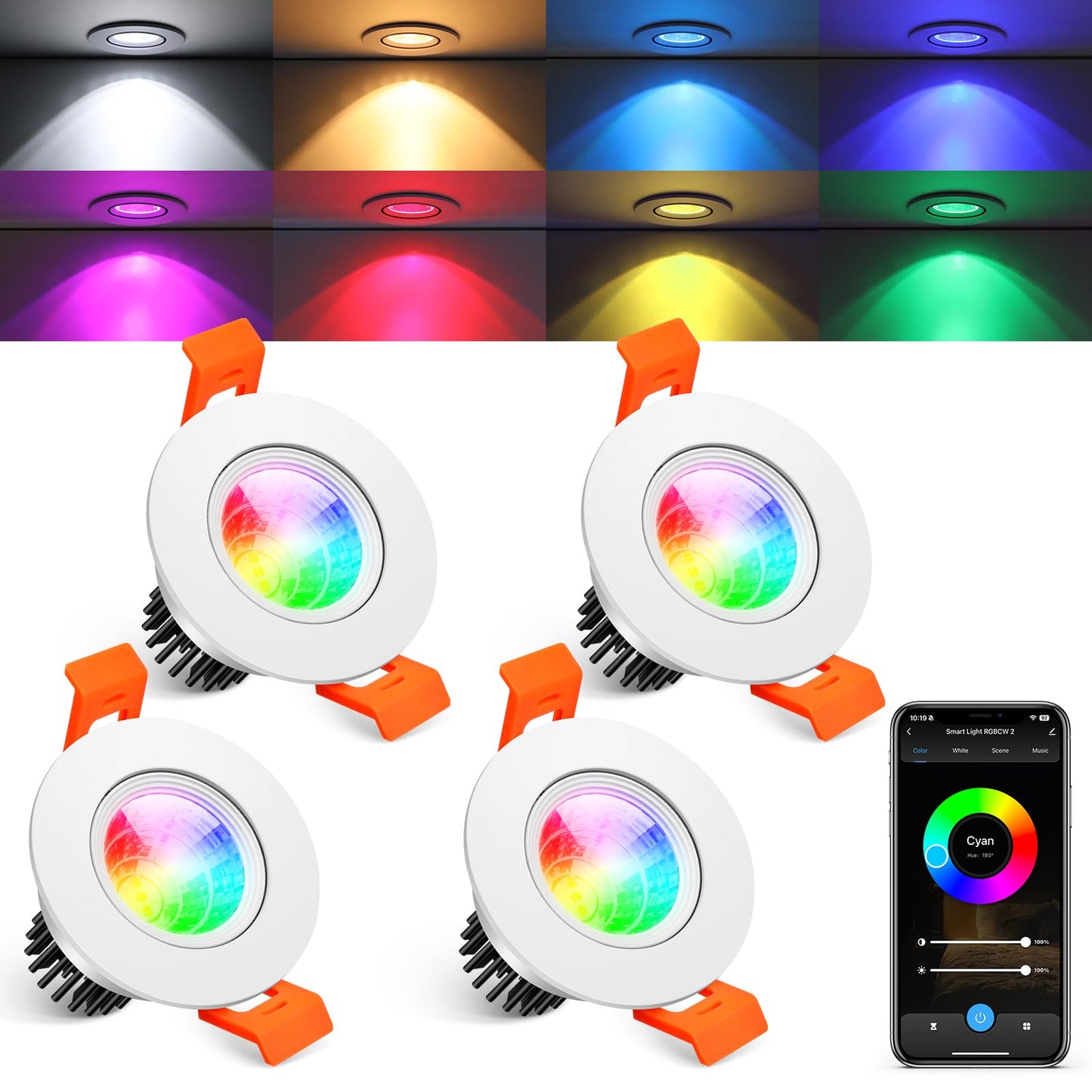 2 Inch Smart Recessed Lighting, 5W RGB WiFi LED Downlight, Dimmable RGB Color Changing & CCT 2700K–6500K, Compatible with Alexa & Google Home, 120V Round Recessed Ceiling Light with Driver (4 Pack)