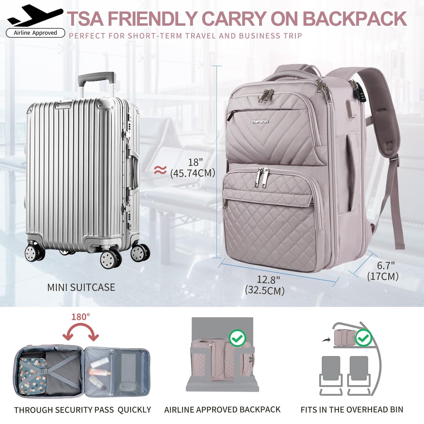 EMPSIGN Carry on Travel Backpack for Women & Men, 17 inch Large TSA Friendly Laptop Backpack with USB Port, Airline Approved Carry On Luggage, Travel Essentials, Weekender Overnight Bags, Grey Pink