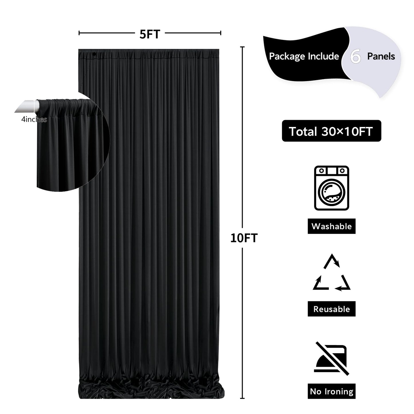 30 ft x 10 ft Wrinkle Free Black Backdrop Curtain for Parties, 6 Panels 10ft Polyester Black Photo Backdrop Drapes for Graduation Birthday Wedding Party Stage Curtains, Thick Bulk Background Curtains