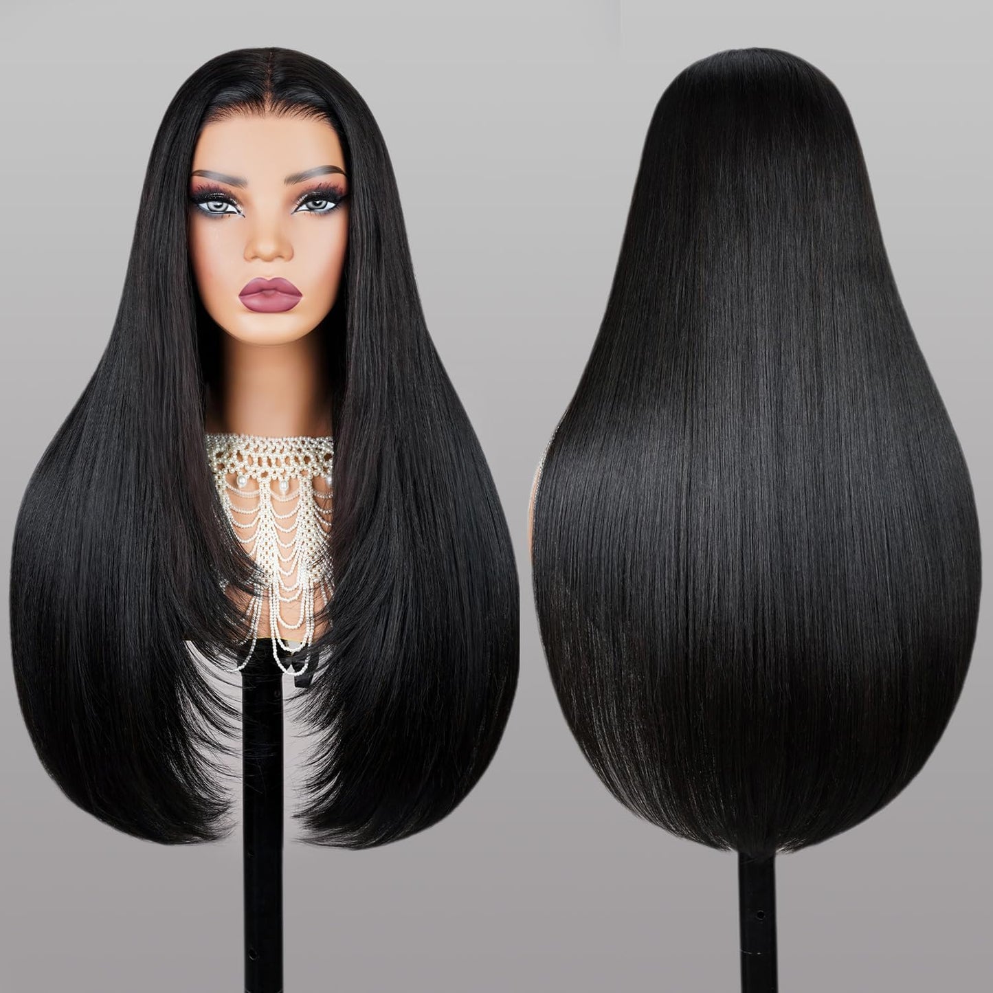 TESLAL Blend Wigs Human Hair Glueless Wear and Go Glueless Wigs Human Hair Pre Plucked Pre Cut Layered Wig Straight 6X6 Synthetic and Human Hair Blend Wig 20Inch Black Color 260% Density