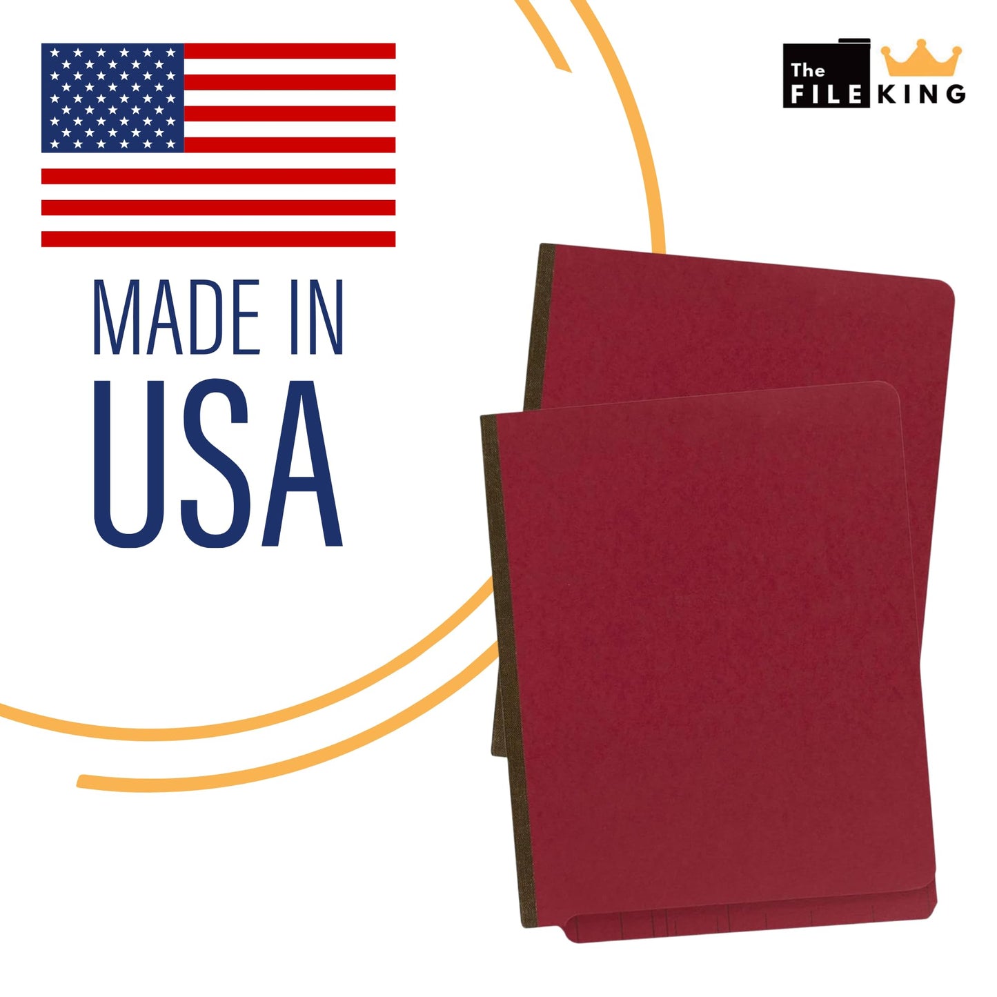 The File King Two Divider Pressboard Classification Red File Folder - Letter Size | Box of 10 | End Tab | 2” Expansion | Six 2-Inch Fastener Prongs | Made in America