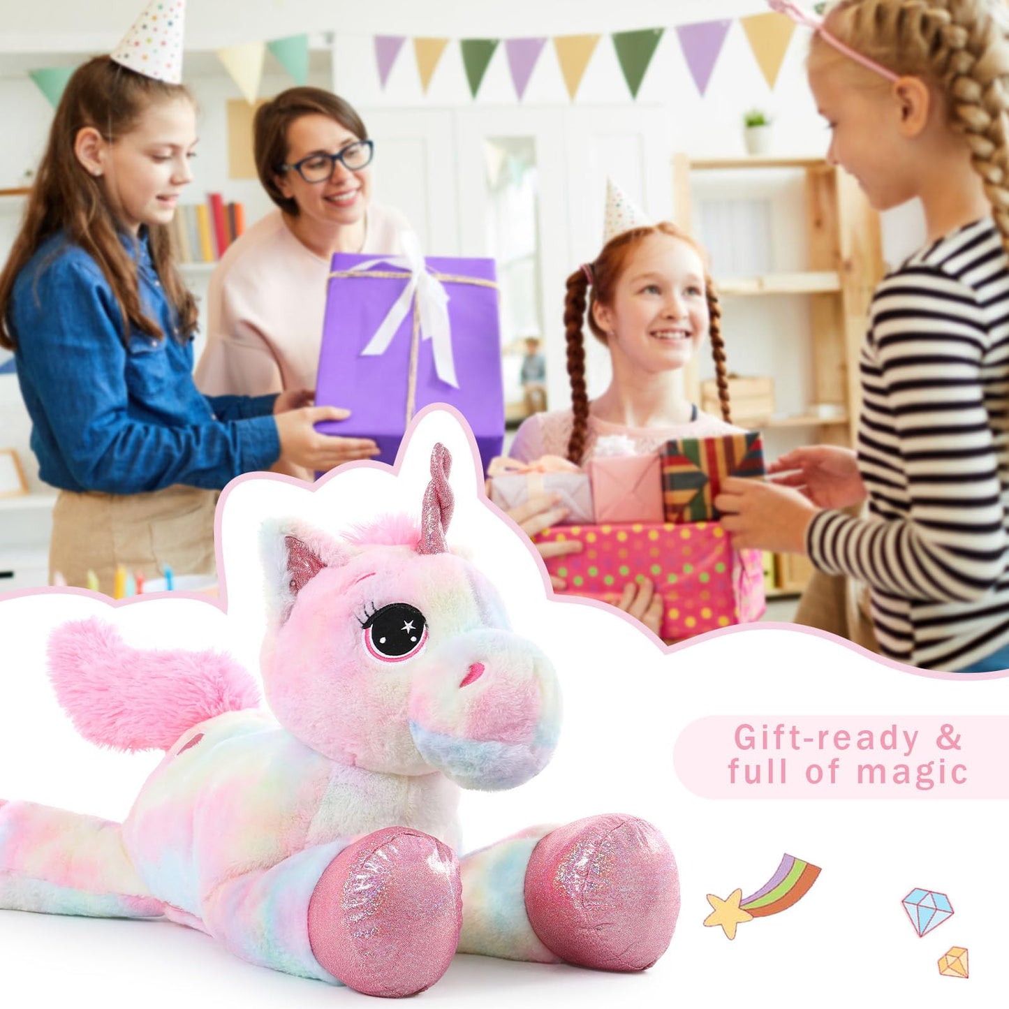 Muiteiur 43.4 Inch Unicorn Stuffed Animal, Giant Stuffed Unicorn for Girls, Soft Plush Pillow Gifts for Girls Boys Kids, Pink