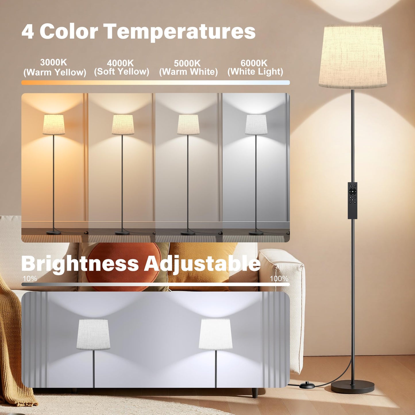 SIBRILLE Floor Lamp with Linen Shade - 62" Dimmable LED Standing Lamp with Remote Control, 9W E26 Bulb Included, 3000-6000K, Modern Floor Reading Light for Bedroom Living Room Office Corner, Black