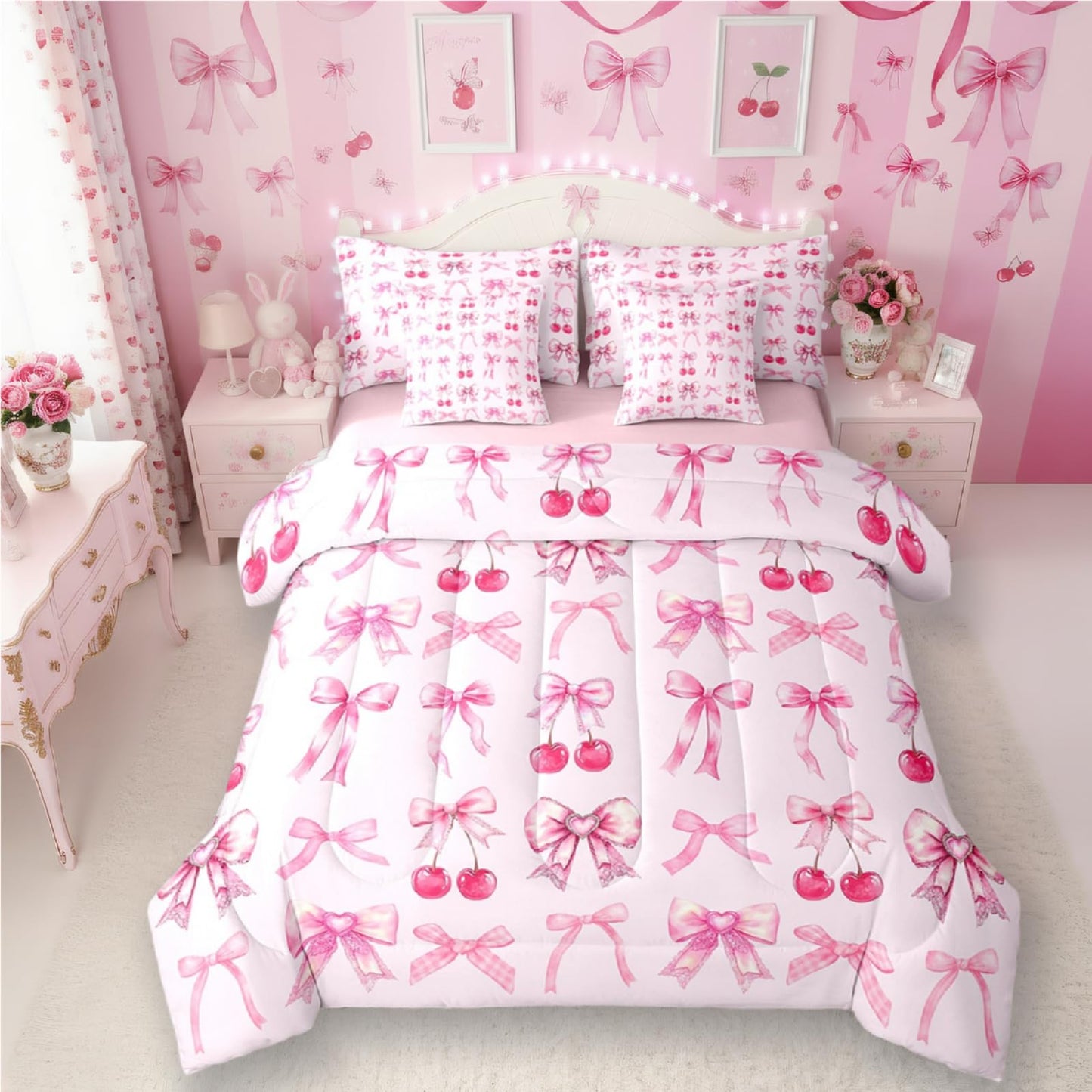Pink Cherry Bow Twin Comforter Set for Girls 7 Piece Bed in a Bag,Cute Bowknot Reversible Twin Bedding Sets for Girls,Princess Bow Coquette Comforter and Sheet Set Girly Kawaii Room Decor Aesthetic