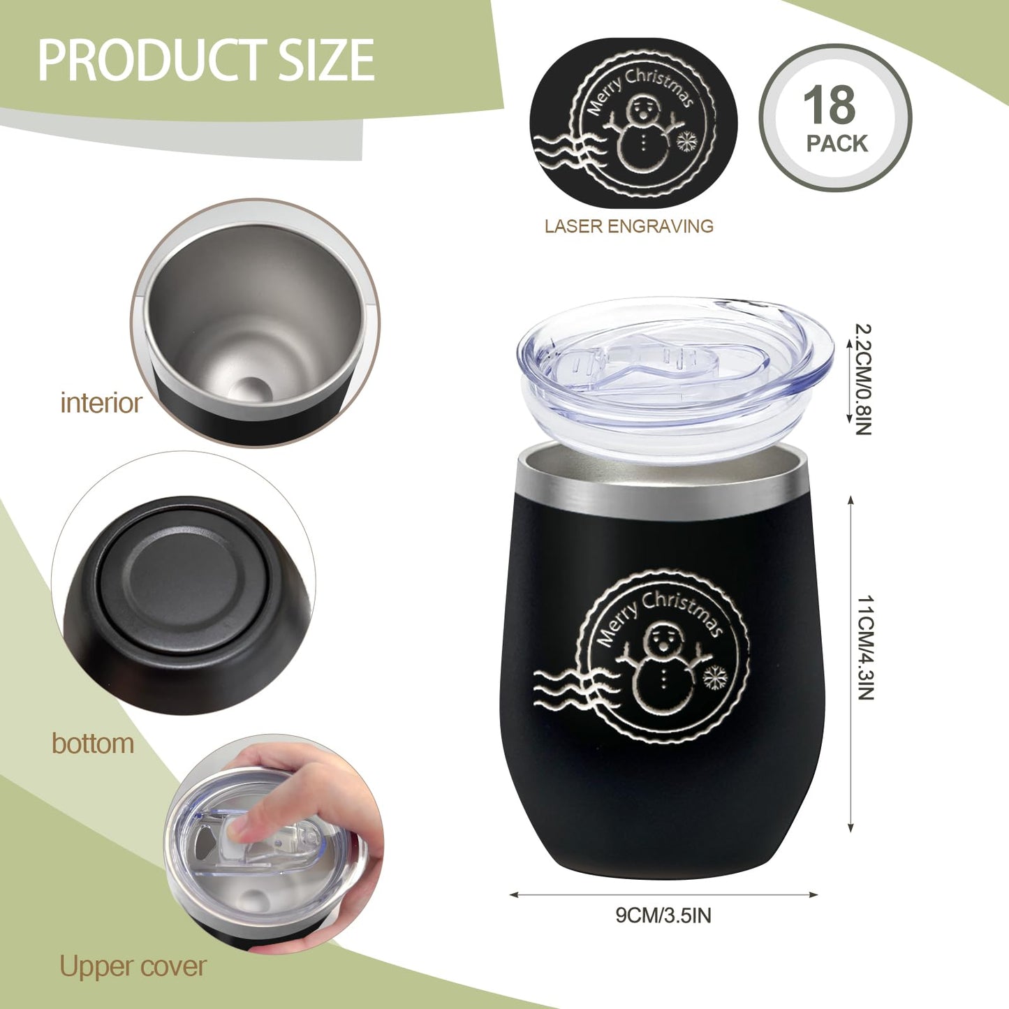 18 Pack Stainless Steel Wine Tumbler with lid, 12oz Insulated Powder Coated Wine Tumbler Stemless Double Wall Vacuum Wine Glass Coffee Tumbler Bulk Laser Engrave, DIY Gift, 18 Colors