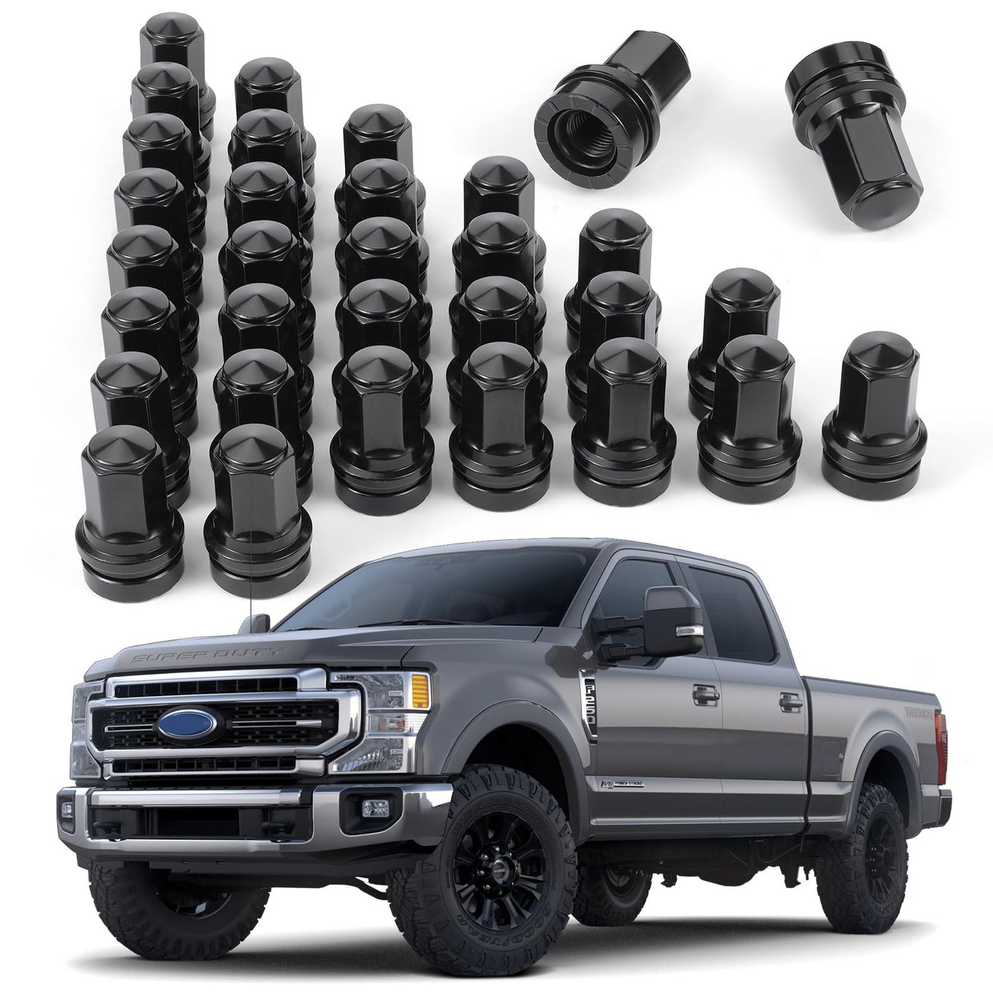 32 Pcs M14x1.5 One-Piece Design Chrome Lug Nuts for 2017-2025 Ford F250 F350 Super Duty HCPZ-1012-B HCPZ-1012-A (Black)