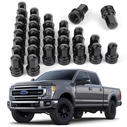 32 Pcs M14x1.5 One-Piece Design Chrome Lug Nuts for 2017-2025 Ford F250 F350 Super Duty HCPZ-1012-B HCPZ-1012-A (Black)