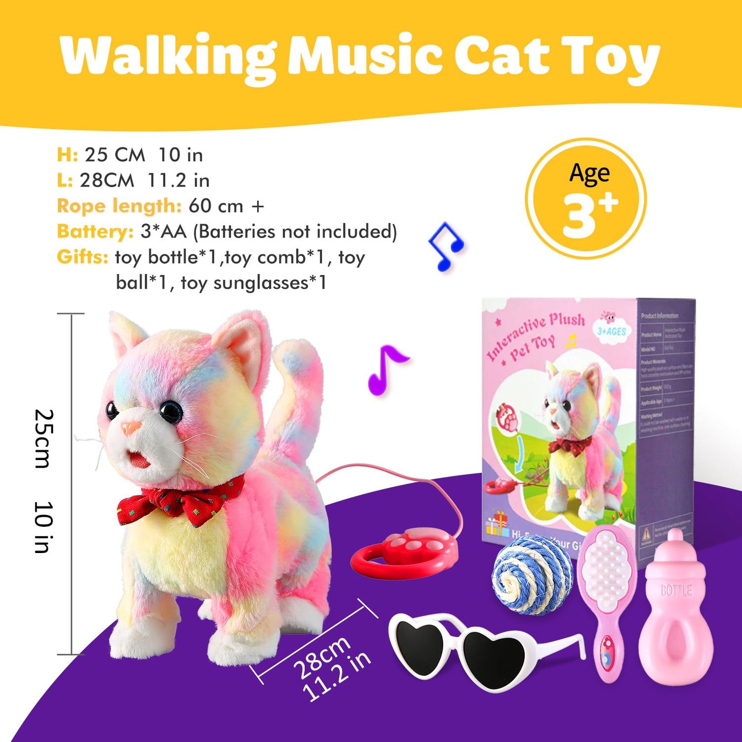 Marsjoy Colorful Leash Walking Cat Set Singing That Purrs and Meows Stick Out Tongue Animated Plush Robot Kitten Pet Moving Plush Realistic Stuffed Animal Remote Control Cute Robotic Kitty Toy