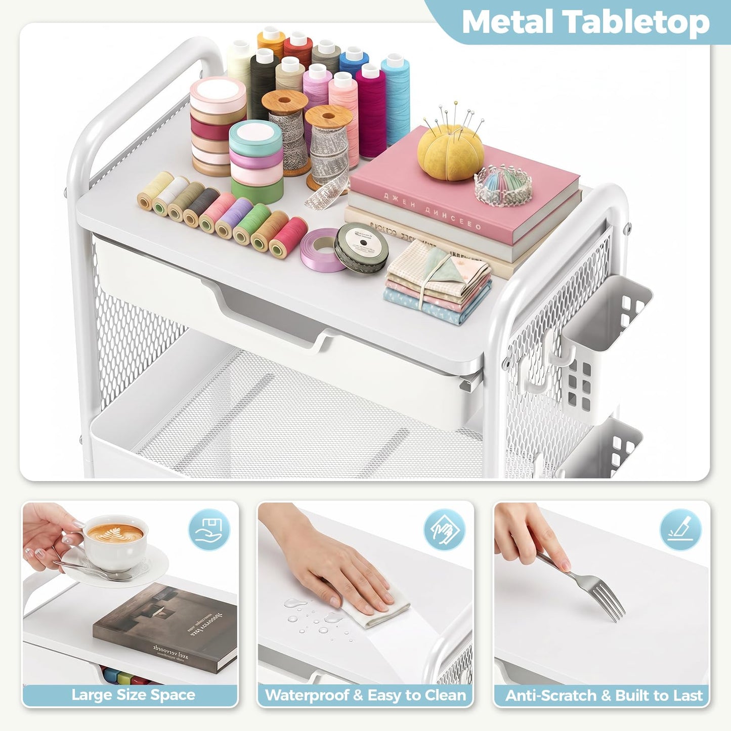 3 Tier Metal Rolling Utility Cart with Drawer & Pegboard - Multifunctional Storage Cart on Wheels with Tabletop, Hooks & Basket, Sturdy Craft & Art Cart for Bathroom, Bedroom, Children Room, White