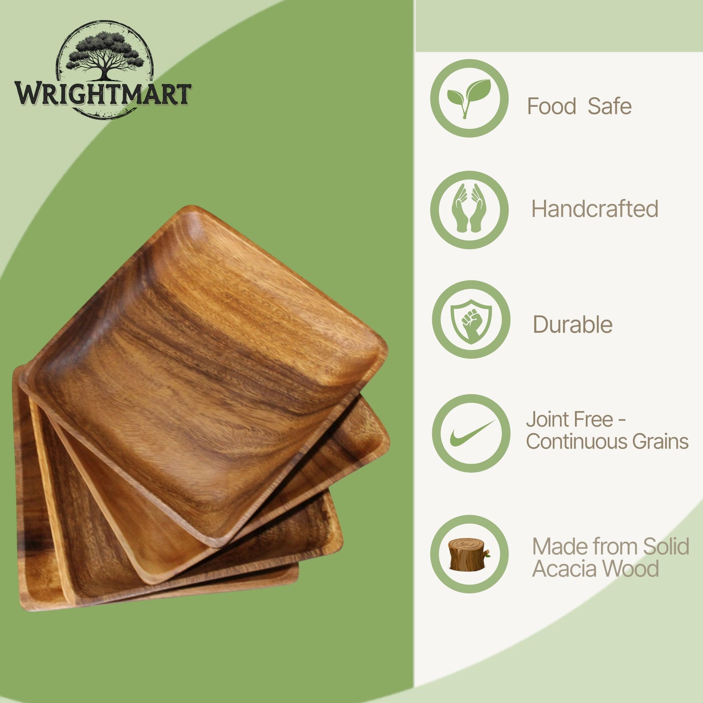 WRIGHTMART Acacia Wooden Plates – Set of 4, 10 Inch Square Rustic Wood Platters – for Food, Dining, BBQ Parties & Picnics, Durable, Handcrafted to Last, Joint Free, Continuous Beautiful Grains