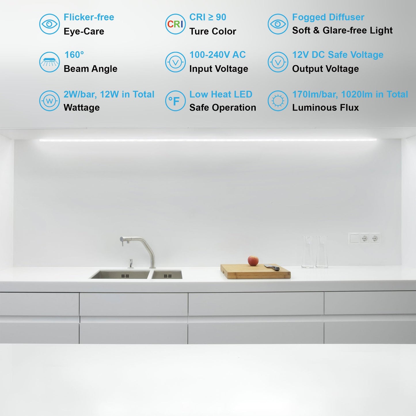 CULAVON Under Cabinet Lights, Plug in, Seamlessly Linkable 12 Inch, 6 Bars+Switch+Extensions, Under Counter Lighting for Kitchen, Closet, Gun Safe, Shelf, Display Case, LED 5000k Daylight
