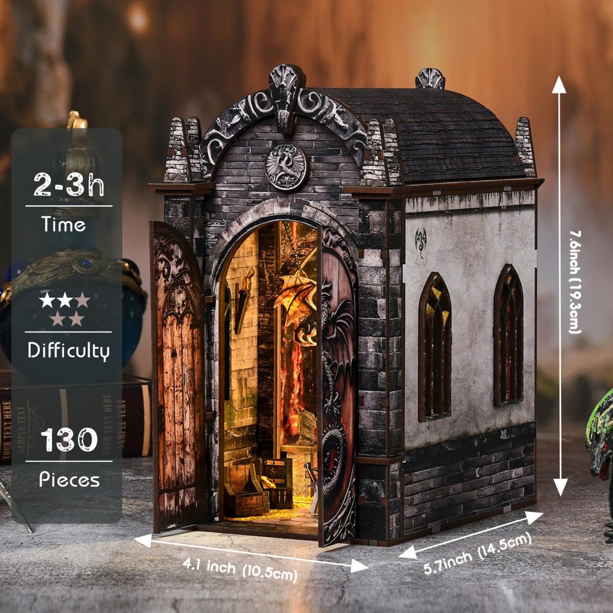 Soothee DIY Book Nook Kit with LED Lights - 3D Puzzles for Adults & Teens, Miniatures for Bookshelf Decor, Relaxing Craft & Unique Gift for Craft Lovers (Dragon's Den)