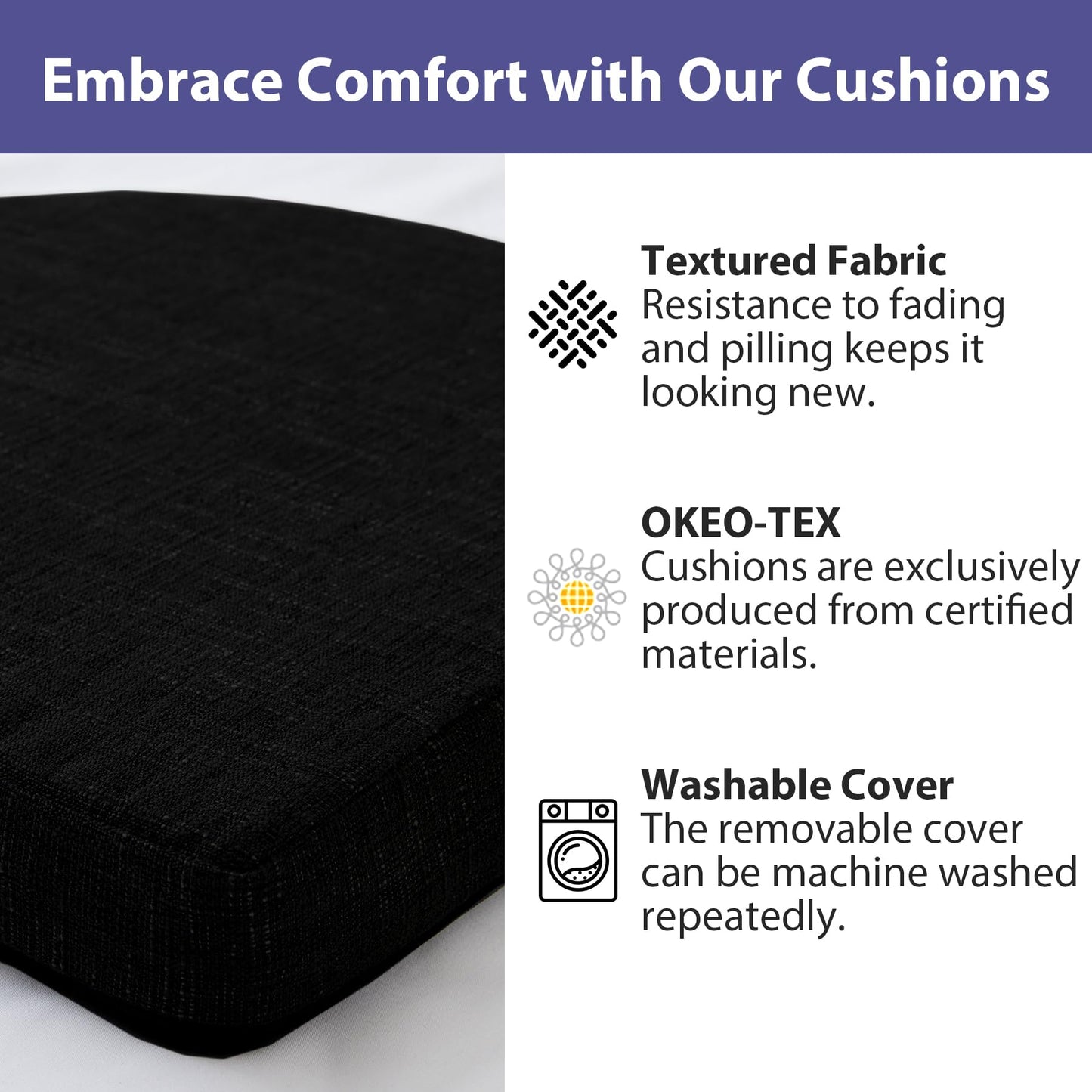 IPYNBAP Chair Cushions for Dining Chairs with Ties and Removable Cover, Dining Kitchen Chair Pads with Non-Slip Bottom, High Density Foam Indoor Seat Cushions, 16'' x 16'' x 2'', Set of 4, Black