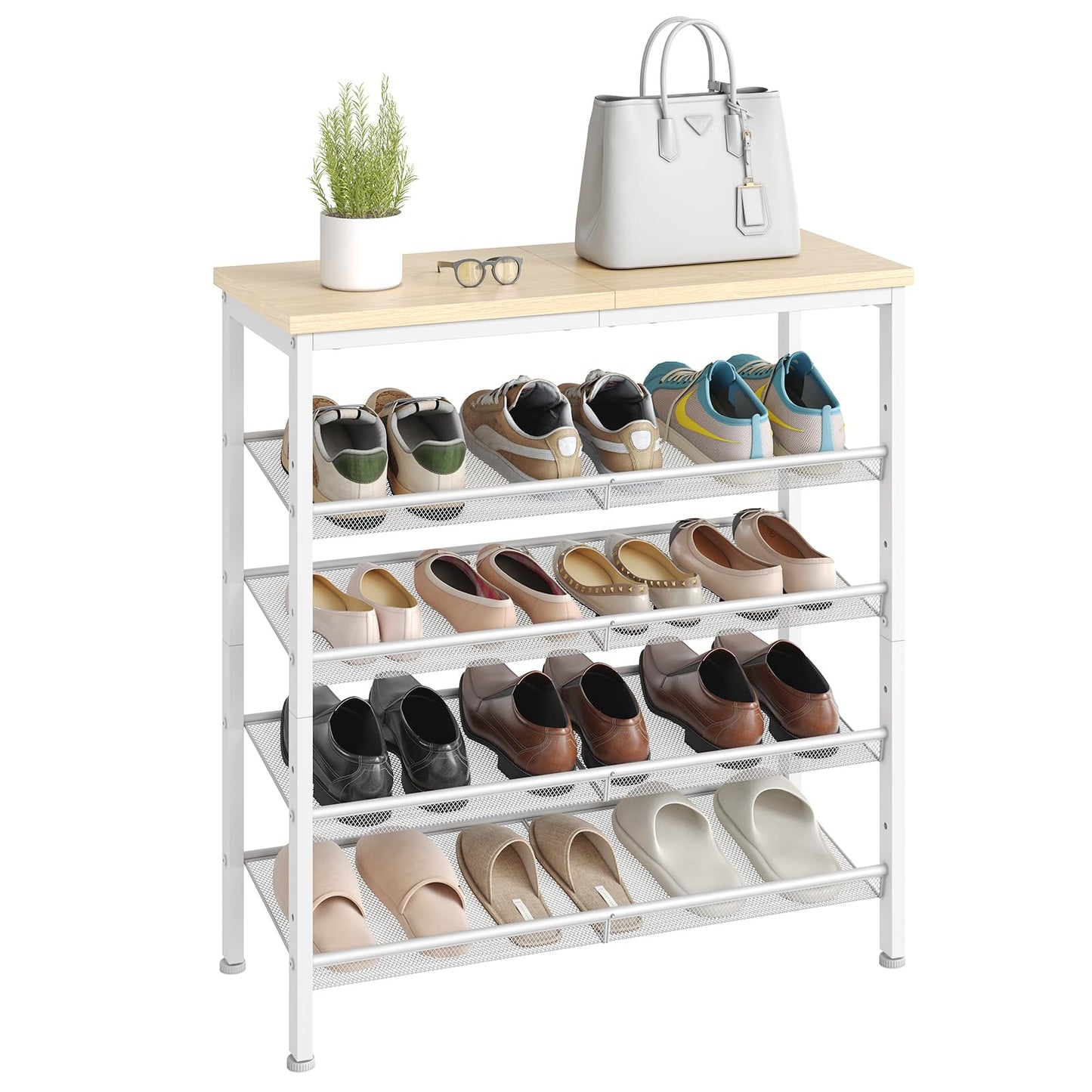 HOOBRO Shoe Rack for Entryway, 5-Tier Shoe Organizer with Adjustable Mesh Shelves, 12-16 Pairs of Shoes, Spacious Floor Mount, Metal, Industrial, Shoe Shelf for Closet, Natural and White WN12XJ01
