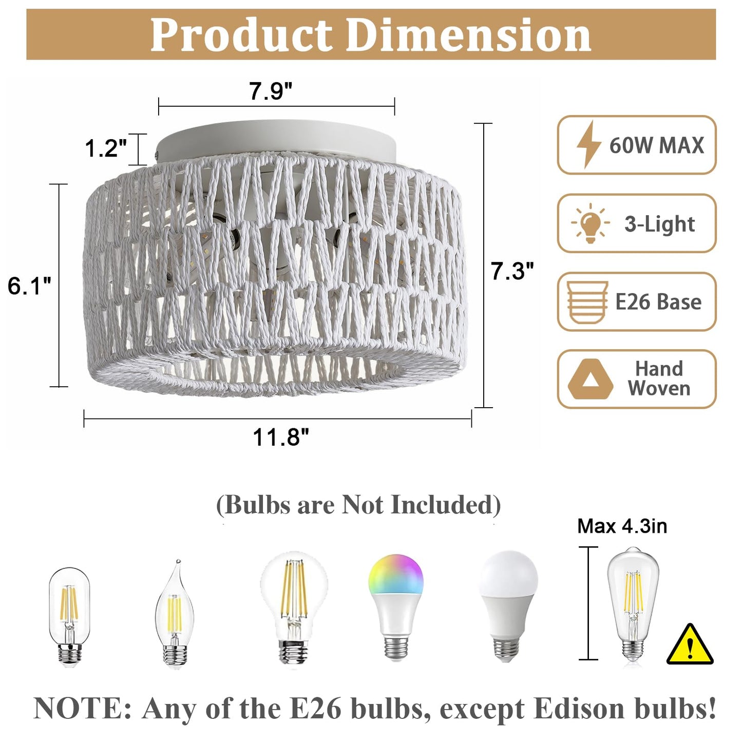 Rattan Light Fixtures Ceiling Mount, 3-Lights Boho Flush Mount Ceiling Light, Hand-Woven Cage Shade Lamp Lighting, Rustic Rattan Chandelier for Hallway Bedroom Kitchen Farmhouse Foyer Entryway (White)