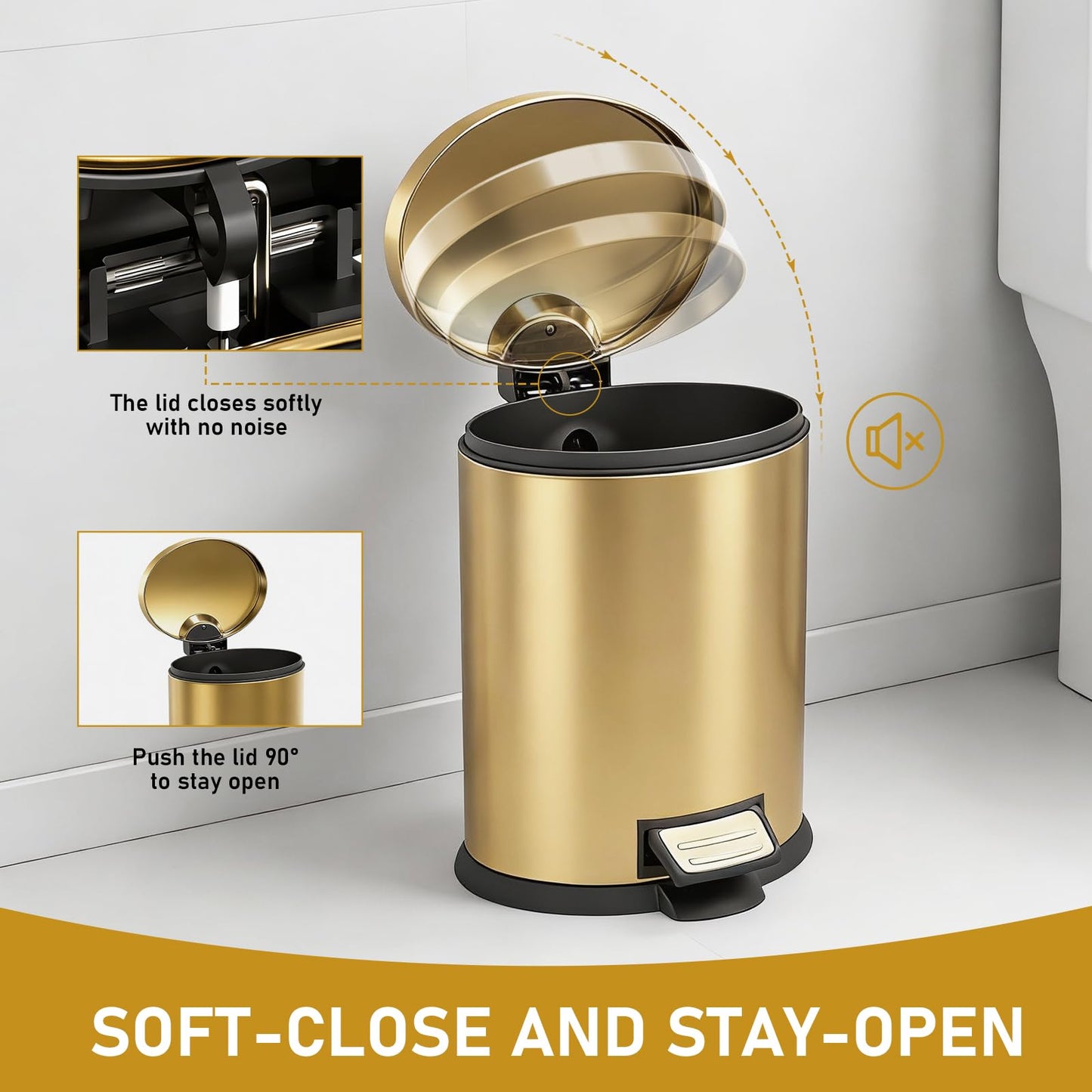 SIMPLYKLEEN Bathroom Trash Can with Lid - 2PC 1.3 Gallon/ 5L Oval Small Trash Can with Soft-Close Lid, Foot Pedal, Brushed Stainless Steel, Removable Liner, Garbage can for Kitchen, Office, Home Gold